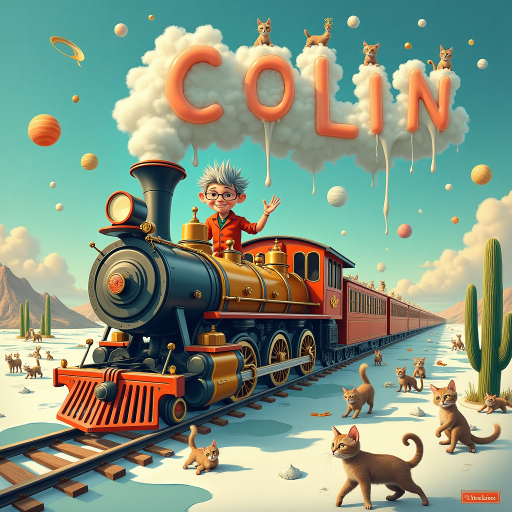 Train driver with short grey spiky hair and glasses. The name COLIN written in cloud puffs from the train, Lots of cats, and Birthday Card