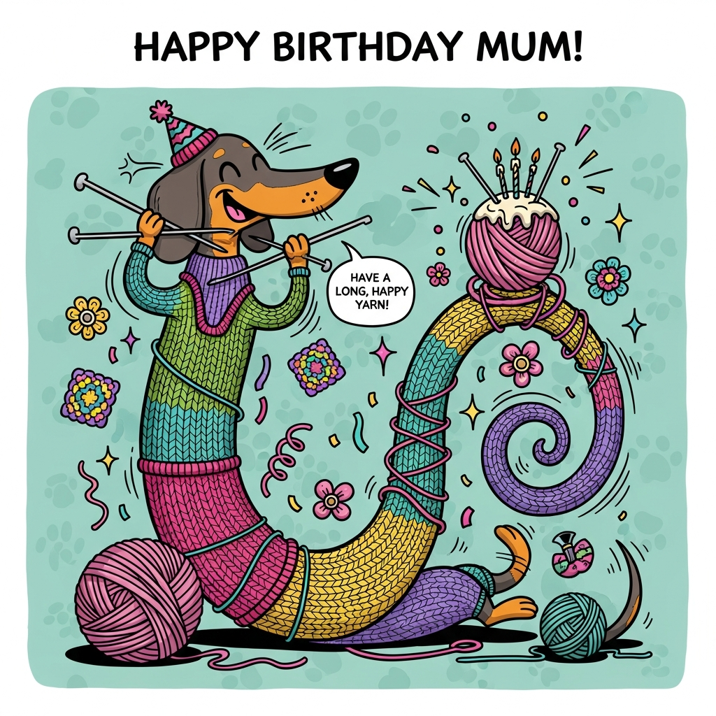 At the top of the Cartoon Style image, “Happy Birthday Mum!”

Playful, funny, cartoon scene with thick black outlines and bright, saturated colors: a super-long dachshund in a half-knitted rainbow jumper and a tiny knitted party hat, happily tangled in giant balls of yarn. The pup is gleefully multitasking—holding oversized knitting needles in its front paws while a shiny crochet hook is tucked behind one ear. Its extra-long body loops and spirals through oversized knit stitches and crochet loops, forming a lively swirl around a yarn-ball “birthday cake” topped with knitting needles as candles. Scatter colorful granny squares, crochet flowers, and confetti-like bits of yarn around the scene. Add energetic motion lines, sparkly starbursts, and bouncy, whimsical poses. Background: soft teal with a faint pattern of paw prints and yarn doodles. Cel-shaded color with chunky, bold outlines; candy palette of hot pink, sunshine yellow, teal, and lavender. Add a small speech bubble near the dachshund’s smiling face with one short, cheeky line: “Have a long, happy yarn!” Only include these two text elements.
Generated with these themes: Dashund, Knitting , Crochet, and .
Made with ❤️ by AI.