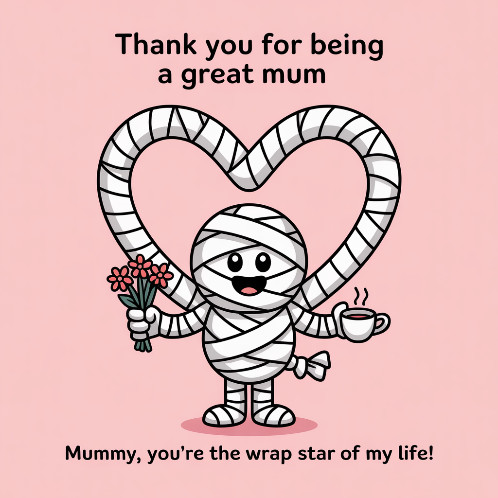 At the top of the image, "Thank you for being a great mum":

   Add at the bottom of the image, "Mummy, you're the wrap star of my life!"

   - In the center of the image, illustrate a cute cartoon mummy character with its bandages creatively forming a heart shape, holding a small bouquet of flowers in one hand and a cup of tea in the other, with a cheerful and loving expression.
Generated with these themes: Mummy, and .
Made with ❤️ by AI.