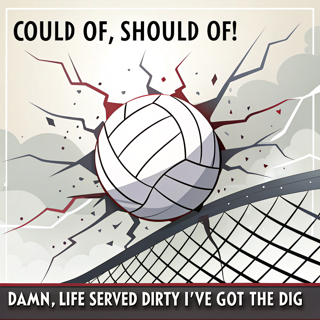At the top of the Abstract Style image, "Could of, should of!"

At the bottom of the image, "Damn, life served dirty—I've got the dig."

Create a bold abstract composition inspired by volleyball:
- A fractured, stylized volleyball forms the central motif: an off-white sphere broken into angular geometric shards and streaked seams, bursting outward in high-contrast splinters.
- A diagonal, minimalist net lattice cuts across the scene—clean black lines that taper and warp into fluid curves, suggesting a tense rally and sudden collapse.
- Dynamic brush-stroke textures slash and swirl around the ball’s trajectory: thick, gritty strokes and scuffed paint drags, with fluid arcs tracing a wild serve path.
- Color palette: deep charcoal and midnight navy base, with bone white, bruised plum, and slate gray; electrify with sharp pops of neon coral and electric yellow to punch through the darkness.
- Keep the shapes bold and simplified: chunky polygons, sweeping ribbons, and looping curves weaving through the grid to create motion and impact.
- Integrate subtle paint flecks, ink spatters, and distressed edges to amplify the rude, raw energy while maintaining a clean focal area for legible text.

Typography and placement:
- Top headline text sits on a jagged, torn-white geometric slab that overlaps the net; bold condensed sans-serif, high-contrast off-white on a darker field, preserving the exact casing and punctuation.
- Bottom punch-line anchored across a rough neon stroke near the lower edge, slightly tilted for attitude; keep the line short and punchy.
- Maintain generous negative space around both text lines so they dominate the composition.

Overall vibe:
- Modern expressive abstract, high-contrast, emotionally charged—like a savage spike frozen mid-impact—yet ultimately supportive in tone. Portrait orientation.
Generated with these themes: Volleyball, and .
Made with ❤️ by AI.