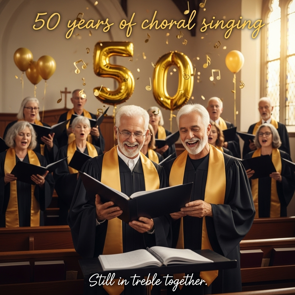 At the top of the Photorealistic picture taken from a camera image, 50 years of choral singing 

Ultra-high-definition 4K UHD photograph, realistic camera capture. A sunlit community church hall during a jubilant choir rehearsal: front and center, a smiling, silver‑haired couple in black choir robes with gold stoles sing from the same open score, faces lit by warm afternoon window light. Behind them, a mixed-age choir in matching robes belts out joyfully, mouths open mid-note, the conductor beaming and flicking a slim baton tied with a tiny gold ribbon. Golden “5” and “0” balloons hover in soft focus, and metallic confetti shaped like musical notes hangs in the air, crisply frozen. Polished wood pews, textured sheet music, subtle dust motes in the sunbeams, and natural skin tones emphasize lifelike detail.

Camera style: shot on a full-frame DSLR with a 50mm prime lens, f/2.2 for shallow depth of field, subject tack-sharp, background creamy bokeh, ISO 200, 1/500s to freeze the confetti; accurate, soft window key light with gentle fill from the room’s warm ambient lighting; rich dynamic range and believable color.

Composition: eye-level, rule-of-thirds placing the couple slightly off-center, choir arcing behind them; emphasis on the couple’s joyful expressions and the texture of robes and music pages; tasteful gold accents throughout to nod to the golden anniversary; no exaggerated effects—true-to-life realism with a playful, celebratory atmosphere.

Typography in-scene:
- Top overlay: “50 years of choral singing ” in elegant, warm gold lettering with a soft, realistic sheen and minimal drop shadow for legibility.
- Small, cheeky caption at the bottom in a subtle white handwritten script: “Still in treble together.”
Generated with these themes: Singing in a choir , and .
Made with ❤️ by AI.