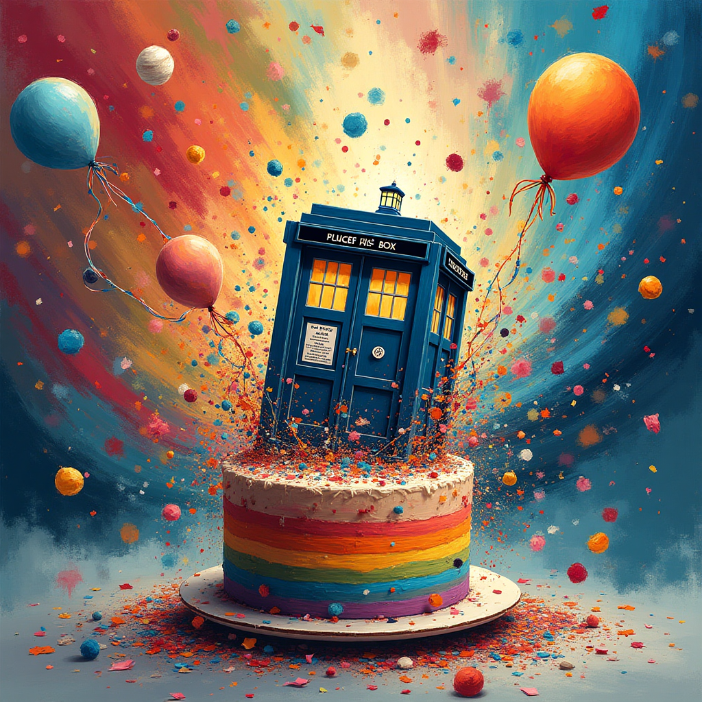 At the top of the Abstract Style image, incorporate the text: "Chloe".

---

In the spirit of Dr. Who and birthdays, imagine a playful and abstract collision of time and celebration. Picture a TARDIS swirling through a vortex of vibrant confetti and balloons, with gears and clock faces spinning whimsically in the background. The canvas is alive with bold, geometric shapes representing planets and stars, intermingling with fluid curves of time streams and brush strokes of color. The TARDIS bursts through a birthday cake, the cake's layers resembling the iconic stripes of a time-traveling scarf. 

To enhance the humor and birthday vibe, a cheeky text floats below: "Timey-Wimey, Wibbly-Wobbly... It's Your Birthday, Chloe!"
Generated with these themes: Dr who, Birthday , and .
Made with ❤️ by AI.