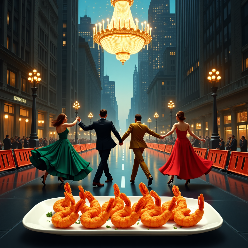 On the front cover of the thank-you greeting card, imagine an exquisite dance hall, a windowless room filled with a magnificent chandelier hanging from the center of the ceiling, its crystal beads catching the ambient light like stars frozen in a gentle swirl. The floor is a glossy ebony wood, polished to a mirror-like sheen, reflecting the lively scene unfolding above it. In the center, a group of elegantly dressed dancers glides gracefully across the floor. Each dancer wears a different colored formal attire—one in an emerald green satin gown, another in a deep sapphire blue suit, another in a rich ruby red dress, and a final dancer in a golden-hued tuxedo. They appear mid-twirl, their garments spinning like a kaleidoscope of jewel-toned fabrics.

In a whimsical twist, the dance hall scene seems to be transported to a curious setting: a closed-off road in New York City. The typically bustling street is eerily serene, cordoned off with bright orange barricades. Towering skyscrapers, quintessential elements of the iconic New York skyline, stand as silent guardians on either side. At one end of the road, there's an enormous white oblong glass platter, the size of a small car, laden with crispy fried shrimp, golden brown and exuding a delicious aroma. Each shrimp is garnished with a delicate sprinkle of parsley, their tails artfully arranged to create an inviting pattern.

In this surreal tableau, the dancers continue their waltz, seemingly unbothered by their unusual surroundings. Above them, the twinkling lights of the city blend with the sparkle of the chandelier, creating a seamless fusion of opulent indoor charm and urban majesty. This imaginative scene captures the gratitude of the moment, a thank-you expressed through elegance, unexpected harmony, and a touch of whimsy.
Generated with these themes: Dancing in different colored formal attire in an elegant windowless room, Stopping at a closed road in New York, Enormous white oblong glass platters of fried shrimp, and New york skyline.
Made with ❤️ by AI.
