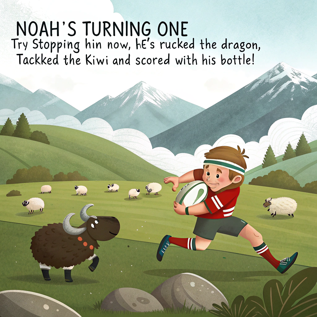 At the top of the image, "Noah’s turning one—try stopping him now, he's rucked the dragon, tackled the kiwi, and scored with his bottle!"

- In the center of the image, illustrate a hilarious cartoon-style rugby match taking place in a fantastical blend of the rolling green Welsh hills and misty New Zealand landscapes—complete with grazing sheep wearing sweatbands and snow-capped volcanoes in the background.  
- A cheeky 1-year-old toddler boy (Noah) in a red Wales rugby kit—complete with socks scrunched down and a pacifier in his mouth—is diving dramatically across the muddy pitch while clutching a rugby ball nearly half his size.  
- Chasing him with exaggerated expressions of comic disbelief: a massive but cuddly red Welsh dragon in a referee’s shirt, arms thrown up in defeat, and a tiny but fiercely determined Kiwi bird with an All Blacks headband and cleats skidding in the mud.  
- Scattered toys, milk bottles, and teething rings lie around the pitch like rugby match debris.  
- Above them all: balloons spell out "TRY DAY!" while a sheep on the sidelines holds a sign that reads, “Send him to the Six Nations Crèche!”  
- The whole scene should have a vibrant, joyful, and silly energy—capturing the chaos of babyhood meets international rugby.
Generated with these themes: A 1 year old cheeky toddler boy playing rugby with a big red welsh dragon and a new zealand kiwi bird. Both countries have similar landscapes - blend them together. Make the boy wear wales rugby clothes.
Made with ❤️ by AI.