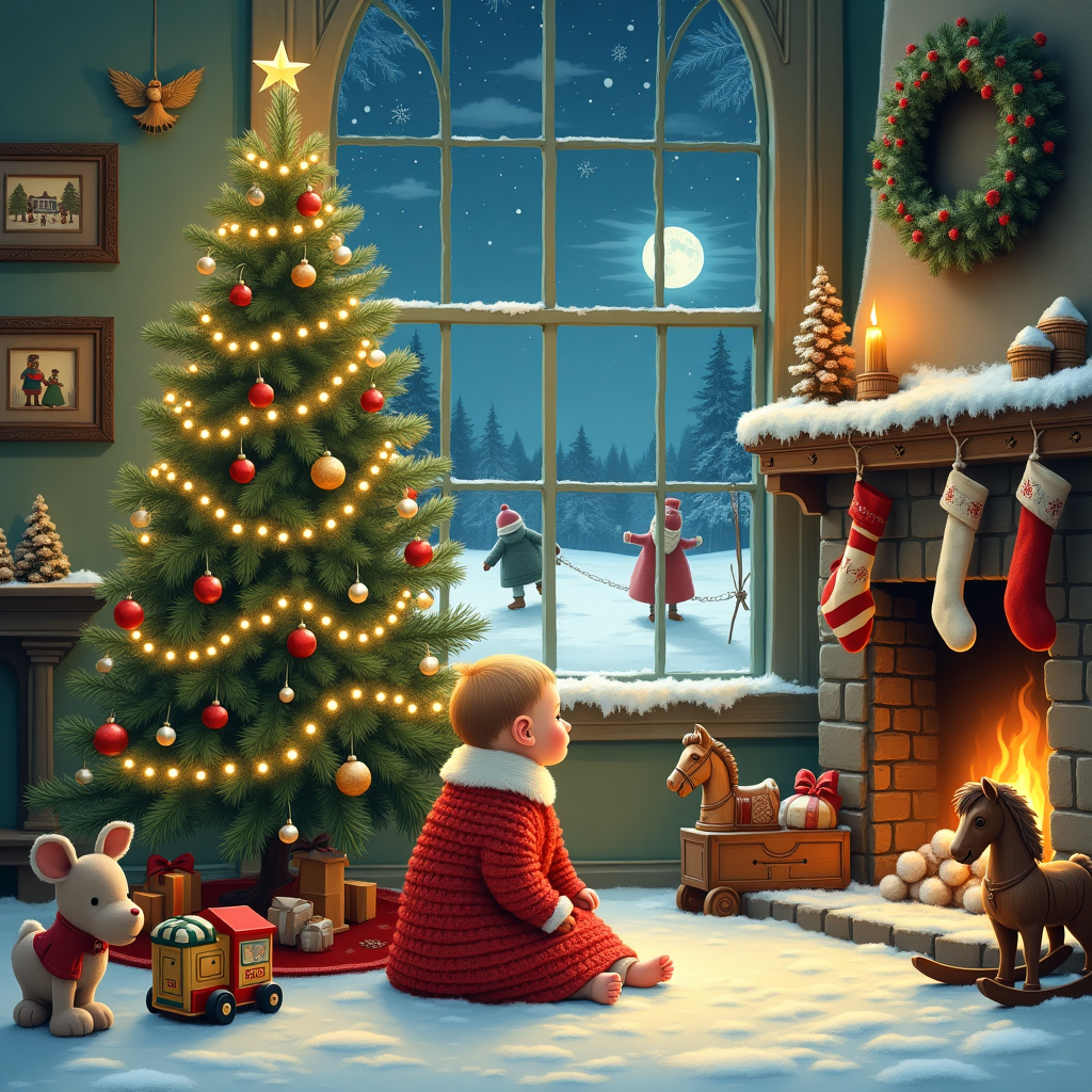 Baby infron of chrsitmas tree Christmas Card