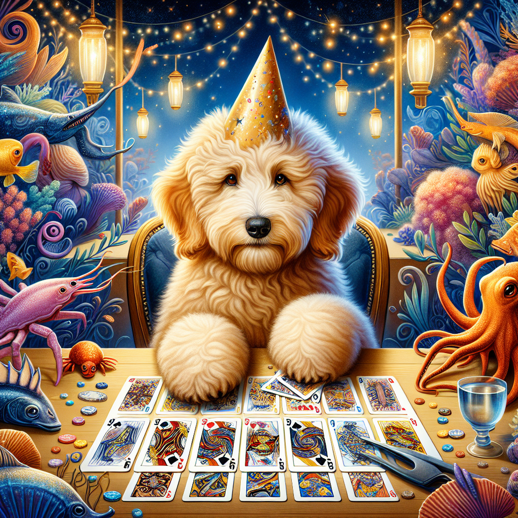 Create a delightful birthday-themed illustration with a cute goldendoodle as the central figure. This fluffy dog is seen wearing a party hat and sitting at a whimsically-styled card table that has an imaginative design reminiscent of 19th-century maritime art. The table is filled with a diverse mix of 27 sea creatures including fish, crabs, and octopuses as they participate in a lively round of Go Fish. The scene is illuminated with brilliant colors that echo the beauty of the ocean, with sparks of glistening gold emphasizing the celebratory atmosphere and adding a touch of sophistication.
Generated with these themes: Goldendoodle  , Oceans 11, and 27.
Made with ❤️ by AI.