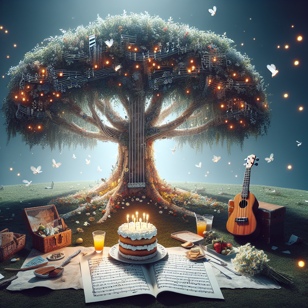 Visualize an ethereal scene featuring a magnificent tree, formed out of the strings and timber of ukuleles, its branches reaching high up into the heavens. The leaves of this music-inspired tree are crafted out of assorted musical notations. Underneath this extraordinary tree, there's a casual picnic taking place and the main attraction is a cake generously spread with clotted cream and decorated with wildflowers. As a complement to this fairytale-esque setting, fireflies flit about, their faint light casting an enchanting illumination onto the nature-themed birthday celebration.
Generated with these themes: Ukulele, Nature, and Clotted cream.
Made with ❤️ by AI.