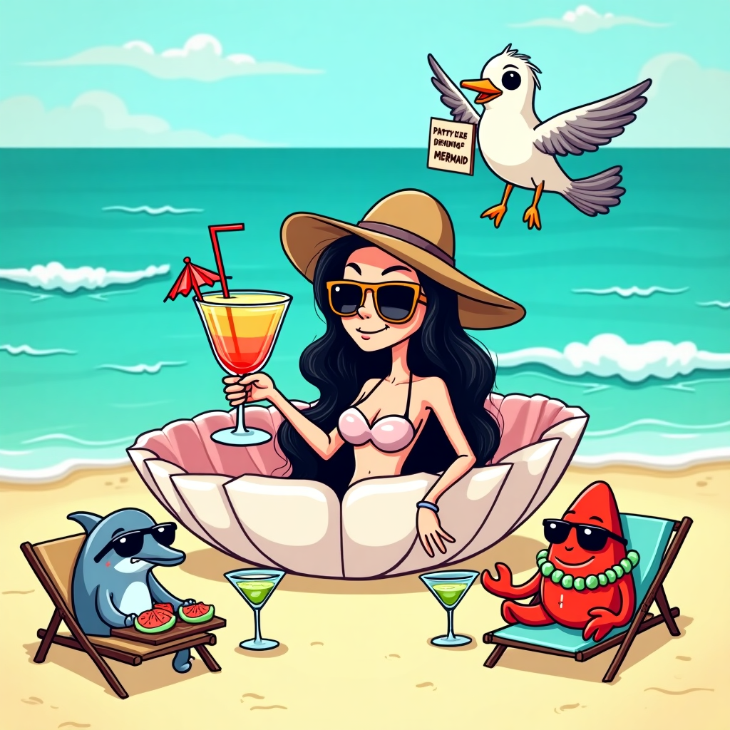 **Prompt for a Cartoon Image:**

At the top of the cartoon image:  
**"Felimar’s Birthday? Shell Yeah — Let’s Drink Like Fish!"**

Create a funny cartoon-style image set on a sunny tropical beach with turquoise ocean waves gently crashing in the background. In the foreground, Felimar — a super skinny, stylish cartoon character with long flowing black hair — is lounging like a queen in a giant clam shell that's doubling as a cocktail bar.

She’s wearing oversized sunglasses, a floppy sun hat, and sipping an enormous colorful cocktail topped with a tiny umbrella, fruit slices, and a little pirate flag. Surrounding her are other sea creatures: a dolphin wearing shades holding a tray of martinis, a crab dancing with a margarita in each claw, and a couple of tipsy starfish sunbathing on tiny beach chairs.

Above the whole scene floats a seagull wearing a lei and holding a “Party Like a Mermaid” sign in its beak.

Keep the vibe silly, sassy, beachy, and soaked in birthday cheer and ocean-themed boozy humor!
Generated with these themes: She loves the ocean, drink cocktails, and She's skiny and has black hair..
Made with ❤️ by AI.