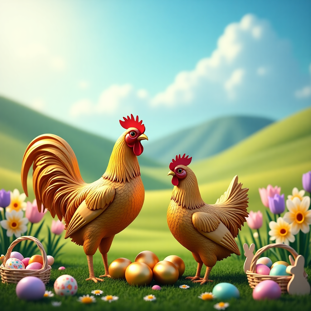 Front and center, there is an elegant golden cockerel and a golden hen, their feathers shimmering with a luxurious metallic sheen that reflects the light, giving them a lifelike appearance. The cockerel stands proudly, its plumage a mix of deep gold with subtle hints of amber and brass, accentuating the intricate details of its feathers. Its beak is a striking polished gold, and its eyes are small yet glint with a realistic obsidian black.

Next to the cockerel, the hen stands with grace, her feathers a softer, more muted gold compared to the cockerel, with delicate strokes of honey and beige, showcasing a realistic feather pattern. Her beak matches the cockerel's, and her eyes are also a dark obsidian.

Beneath them, nestled in a small patch of fresh green grass that is speckled with dewdrops, lay a collection of golden eggs. Each egg has a lustrous sheen, reflecting the colors of its surroundings—a perfect blend of rich gold and hints of creamy white.

The background consists of an idyllic Easter setting: behind the cockerel and hen, a gentle field of pastel-colored wildflowers stretches into the distance. Daisies, tulips, and daffodils bloom in shades of soft pink, lavender, and sunny yellow, dotting the landscape with their vibrant colors. Beyond the flowers, a series of rolling hills painted in varying shades of green lead up to a clear blue sky.

Above, the sky is a crisp azure, with a few wispy clouds providing depth and contrast to the expansive blue. Sunlight filters down, casting soft, natural shadows on the ground and adding to the overall lifelike quality of the scene.

In the foreground, scattered around the grass, are small, colorful Easter decorations—a couple of pastel-painted wooden bunnies, and miniature baskets filled with an assortment of brightly colored Easter eggs, each with intricate designs and patterns in shades of pink, blue, green, and purple. These additional elements bring a playful touch to the scene, enhancing its Easter theme.
Generated with these themes: Elegant golden cockerel and hen looking over golden eggs, and Easter.
Made with ❤️ by AI.