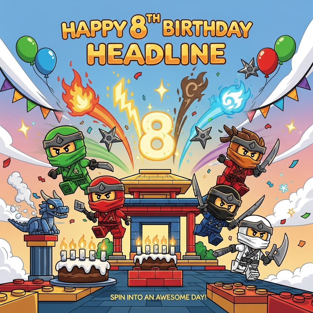 At the top of the Cartoon Style image, Happy 8th Birthday

Ultra-cute LEGO Ninjago–inspired brick world: chibi block ninjas (green leader, plus red, blue, black, white) with oversized heads and tiny bodies, thick bold outlines, bright saturated colors, glossy plastic texture with visible studs, striking whimsical, energetic poses as they spring from a colorful brick dojo. Swirling elemental trails (fire, lightning, earth, ice) curl together into a big glowing number 8 at the center. Brick balloons and bunting, shuriken-shaped confetti, sparkly star bursts. A tiny brick dragon perched on a pillar puffs glittery smoke clouds. A brick cake with eight glowing stud-candles in the foreground. Render the headline in chunky brick-style letters with a shiny outline, cute and legible. At the bottom, small playful caption: Spin into an awesome day! Soft candy-colored sky gradient, full-bleed vertical composition, dynamic motion lines, simple smooth shading, warm highlights. Playful cartoon characters with exaggerated proportions, thick outlines, bright saturated colors, and whimsical, energetic poses. No extra text, no logos, no watermark.
Generated with these themes: Lego ninjago, and .
Made with ❤️ by AI.