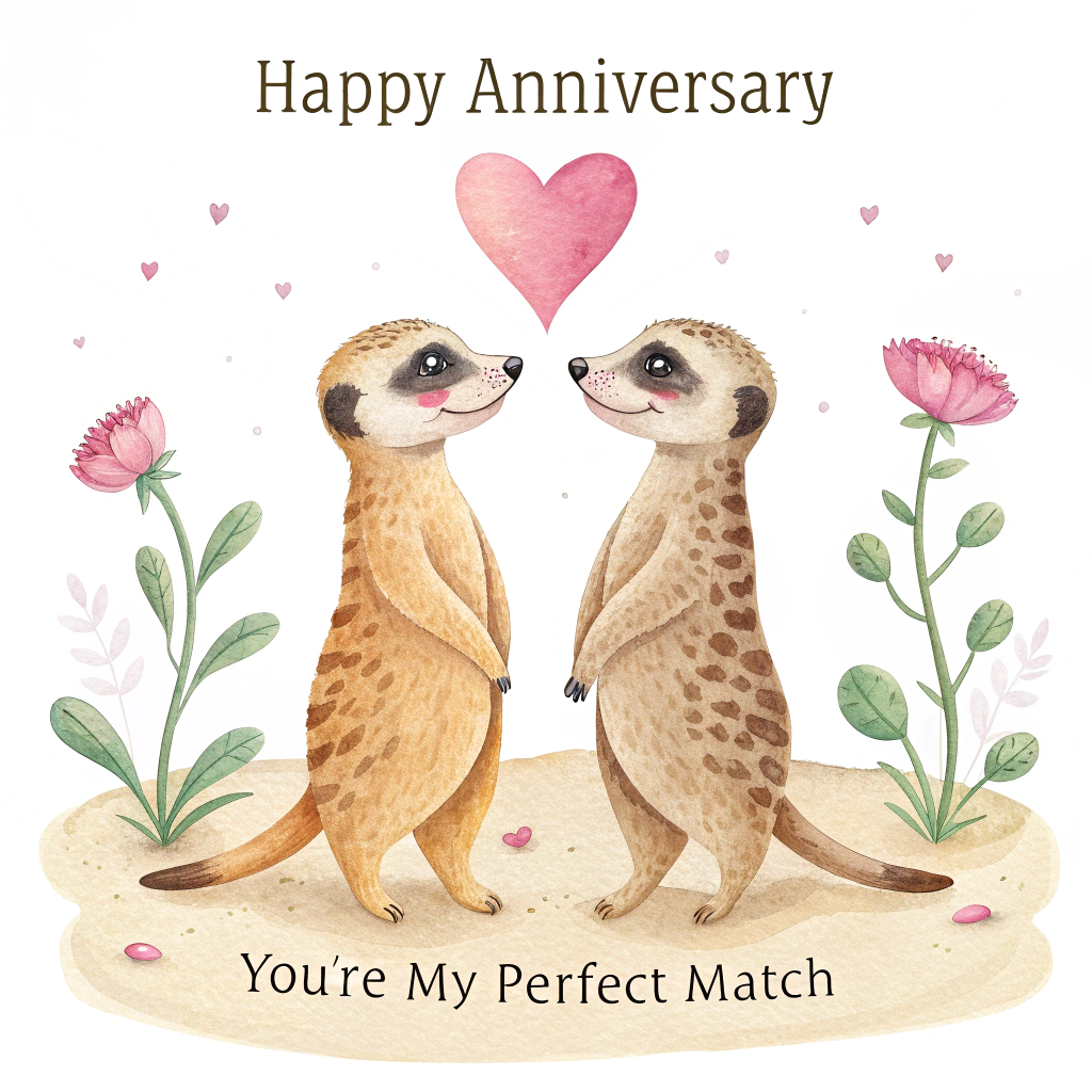 At the top of the Watercolor Style image, "Happy anniversary "

At the bottom of the image, "You're my meer-fect match."

Center scene: Two adorable meerkats standing close and holding hands, slightly tilted toward each other with gentle smiles and rosy cheeks; above them, a single blush-pink love heart painted with soft blooms and a delicate watercolor bleed. Use airy, soft watercolor washes with delicate gradients and visible natural paper texture; warm sandy ochres and caramel for their fur with lighter bellies, tiny whiskers, bright eyes, and subtle fur stripes suggested by feathery brushstrokes. Minimal, dreamy background: a pale peach-to-sky-blue gradient wash with hints of sage grass blades at their feet and a puddled lavender shadow. Keep the composition cute and uncluttered, with ample negative space so the headline and punch-line steal the show. Hand-letter the text in loose watercolor brush script (warm sepia or deep umber), with slight edge feathering and tiny paint splatters for charm.
Generated with these themes: Two meerkats holding hands with a love heart above them, and .
Made with ❤️ by AI.