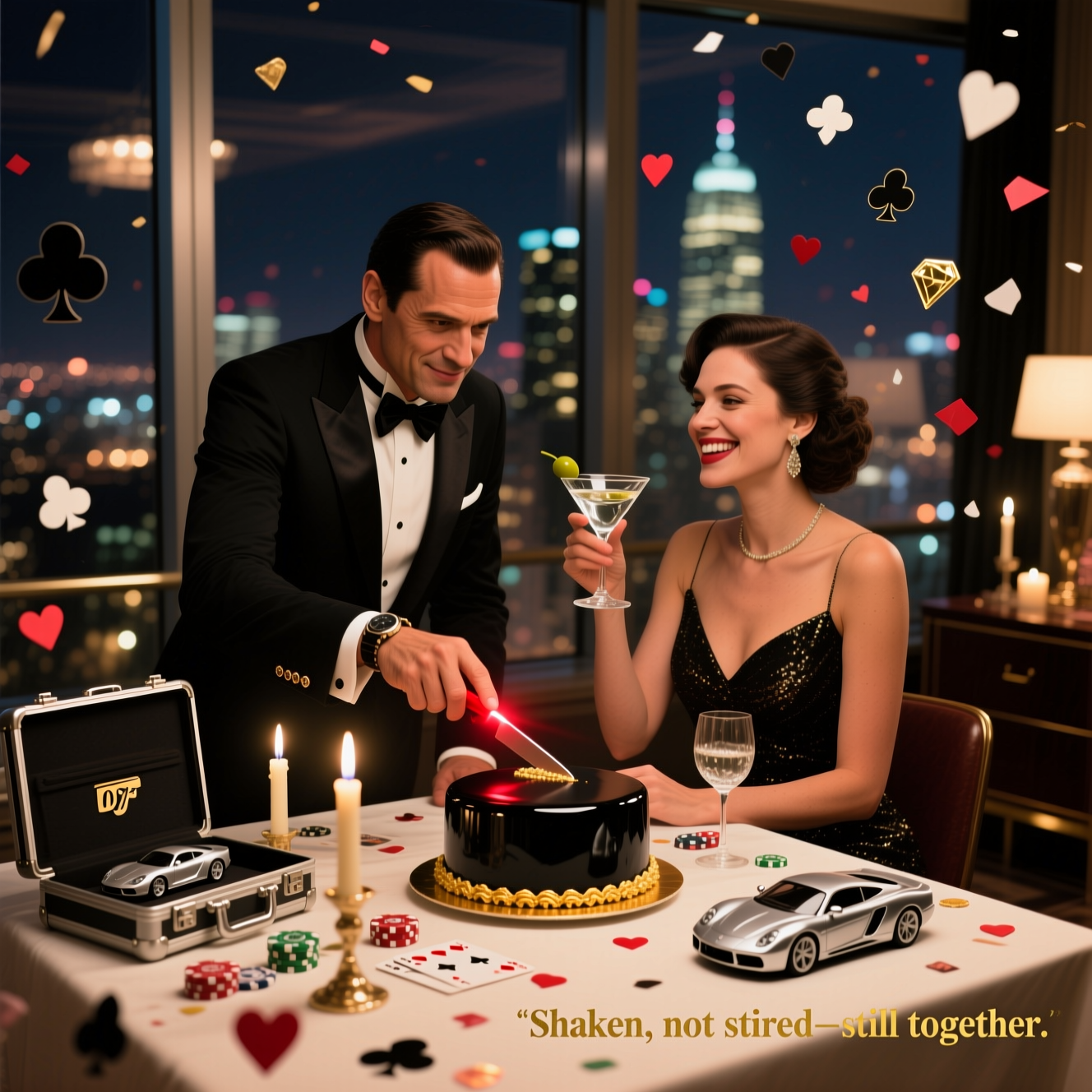 At the top of the Photorealistic picture taken from a camera image, Happy Birthday Debo !

Ultra-high-definition 4K UHD photorealistic camera shot of a glamorous night-time penthouse celebration with city lights bokeh beyond floor-to-ceiling windows. Center frame: a suave Bond-esque secret agent couple at a candlelit table—one in a sharp black tuxedo with a satin bow tie and cufflinks, the other in an elegant evening gown—both smiling with playful confidence. A tiny red laser from the agent’s watch is neatly slicing a glossy black-and-gold cake while the partner raises a crystal martini (shaken, not stirred) with a single olive. Lighthearted spy-world details: a sleek metallic briefcase ajar on a sideboard, a miniature silver sports car model, scattered casino chips and playing cards, and heart-shaped confetti mixing with spades, clubs, and diamonds drifting midair. Warm cinematic lighting with soft rim light and polished reflections; lifelike skin texture, crisp fabric weave, realistic fondant sheen. Shot on a full-frame camera, 50mm lens at f/2.0, ISO 400, 1/125s; shallow depth of field, creamy bokeh, rich dynamic range, natural color grading. Composition is witty, charming, and celebratory with a subtle 00-agent vibe, no logos or actor likenesses.

At the bottom-right, add a small cheeky caption in sleek gold sans-serif: “Shaken, not stirred—still together.”
Generated with these themes: JAMES BOND, and .
Made with ❤️ by AI.