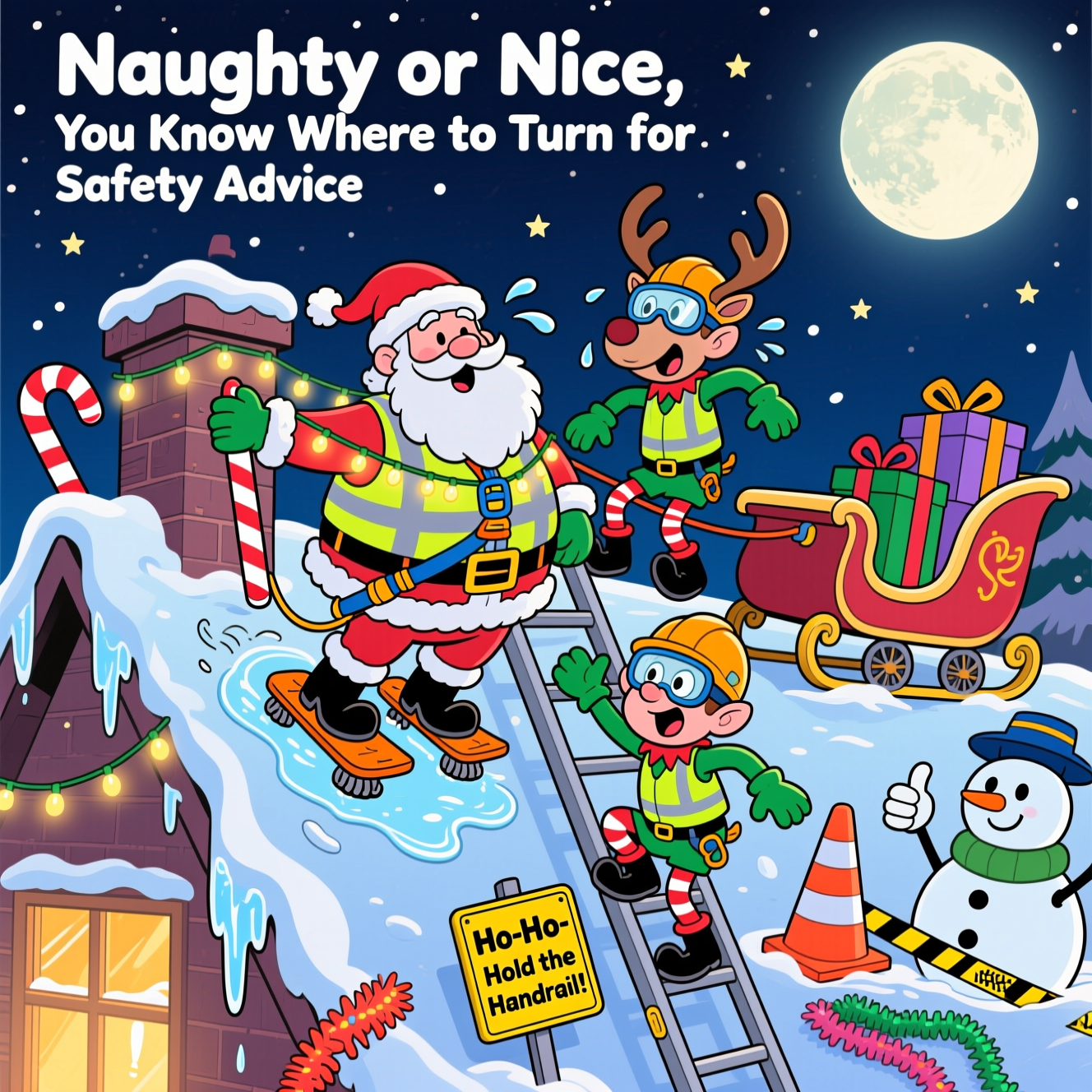 At the top of the Cartoon Style image, "Naughty or Nice, You Know Where to Turn for Safety Advice"

Funny Christmas cartoon scene on a snowy, steep rooftop at night. Santa, with an exaggerated round belly and tiny boots, wears a bright hi-vis safety harness clipped via a twinkling fairy-light lanyard to a candy-cane–striped chimney anchor. Two lively elves in neon safety vests, chunky gloves, and hard hats install candy-cane guardrails along the roof edge; one elf comedically skids on an icy patch but is safely dangling from his harness, eyes wide, motion lines and sweat drops showing the close call. A reindeer in a hard hat and safety goggles steadies a roof ladder with grippy feet while the sleigh sits secured with gift-box “wheel chocks.” Near the ladder, a small yellow safety sign reads: “Ho-Ho-Hold the Handrail!” Icicles shaped like exclamation points, striped safety cones, tinsel used as hazard tape, and a snowman “inspector” giving a thumbs-up. Big glowing moon, starry sky, warm window lights reflecting on snow. Playful cartoon characters with exaggerated proportions, thick outlines, bright saturated colors, and whimsical, energetic poses; crisp, glossy shading, festive sparkle, and clear emphasis on fall protection and safe practices.
Generated with these themes: Fall protection, safety, and .
Made with ❤️ by AI.
