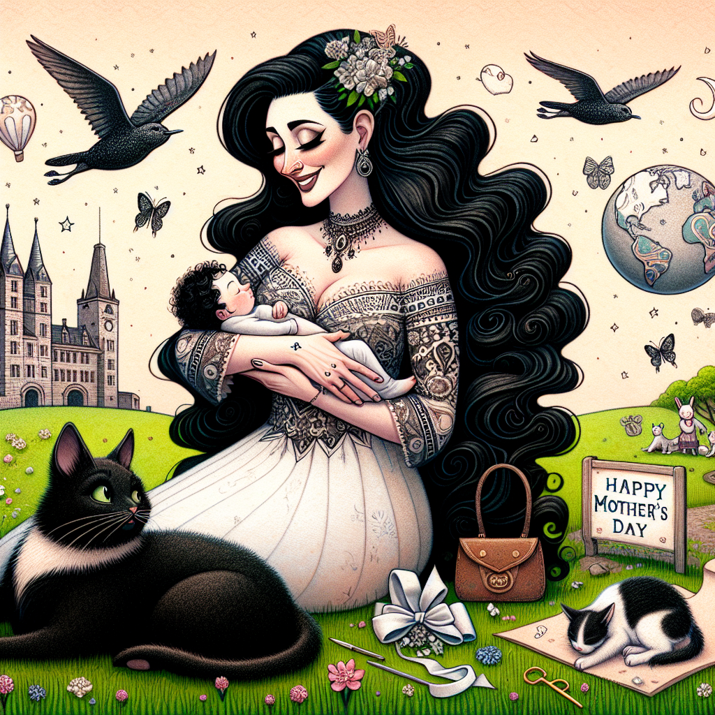 Large breasted curvy woman with long black hair dressed in black trousers amd a red top holding a newborn babyolding, A fat black cat sleeping, A black bunny, A brown and white bunny, and Dundee Mothers-day Card