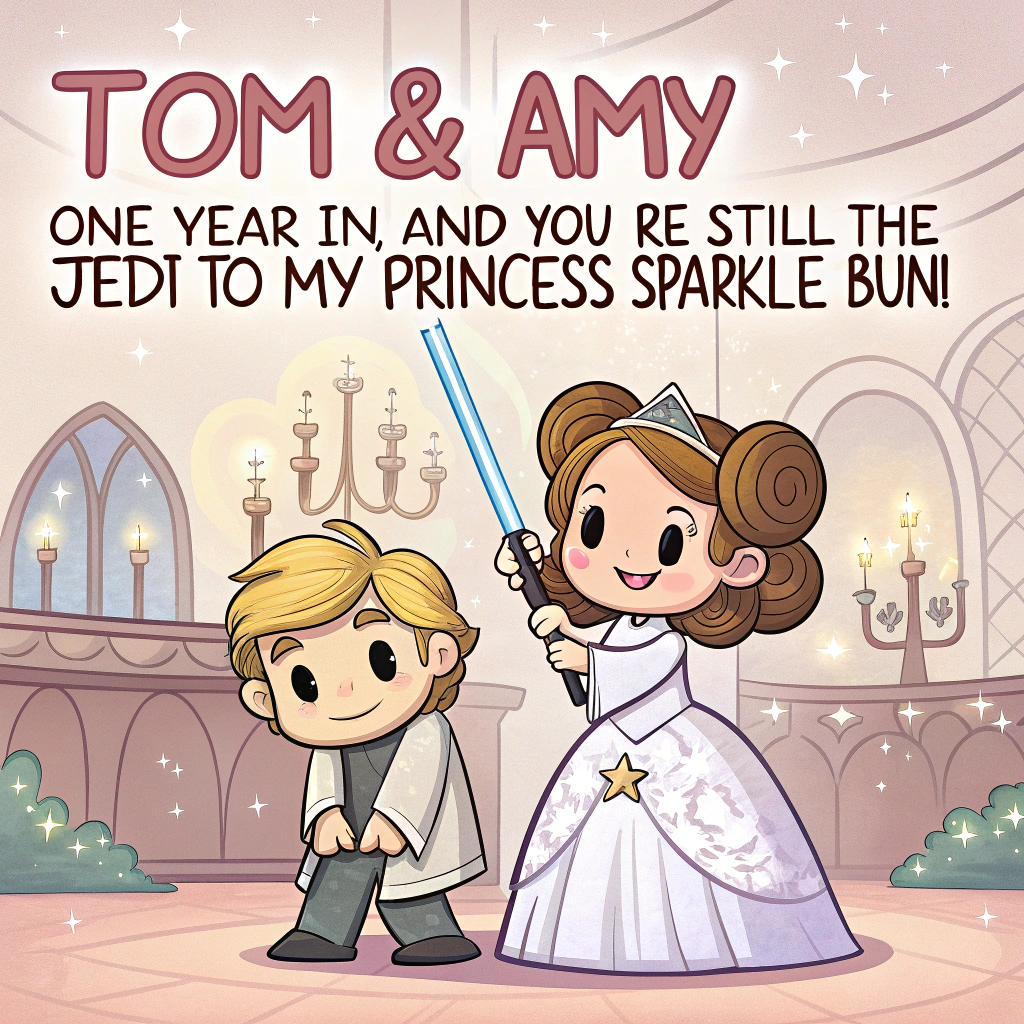 At the top of the image, "Tom & Amy — One Year In, and You’re Still the Jedi to My Princess Sparkle-Bun!"

- Depict a cute, cartoon-style scene featuring Tom as a charming, blonde-haired Jedi Knight with a comically oversized lightsaber made of glitter, and Amy as a Disney-style princess in a sparkly white gown with her own double-scoop hairstyle nodding to Princess Leia buns—but with a golden tiara on top.
- They're standing at the altar of a dreamy Star Wars/Disney hybrid wedding chapel—think Ewoks holding flower garlands and droids tossing Mickey Mouse confetti.
- Behind them, a Death Star reimagined as a shimmering disco ball casts heart-shaped sparkles across a pastel sky.
- In the background, BB-8 is blushing, R2-D2 is officiating, and Yoda (wearing Cupid wings) floats by with a bow, winking knowingly.
Generated with these themes: May the Force Be With You, Star wars wedding, 1st wedding anniversary , Blonde hair, and Disney .
Made with ❤️ by AI.