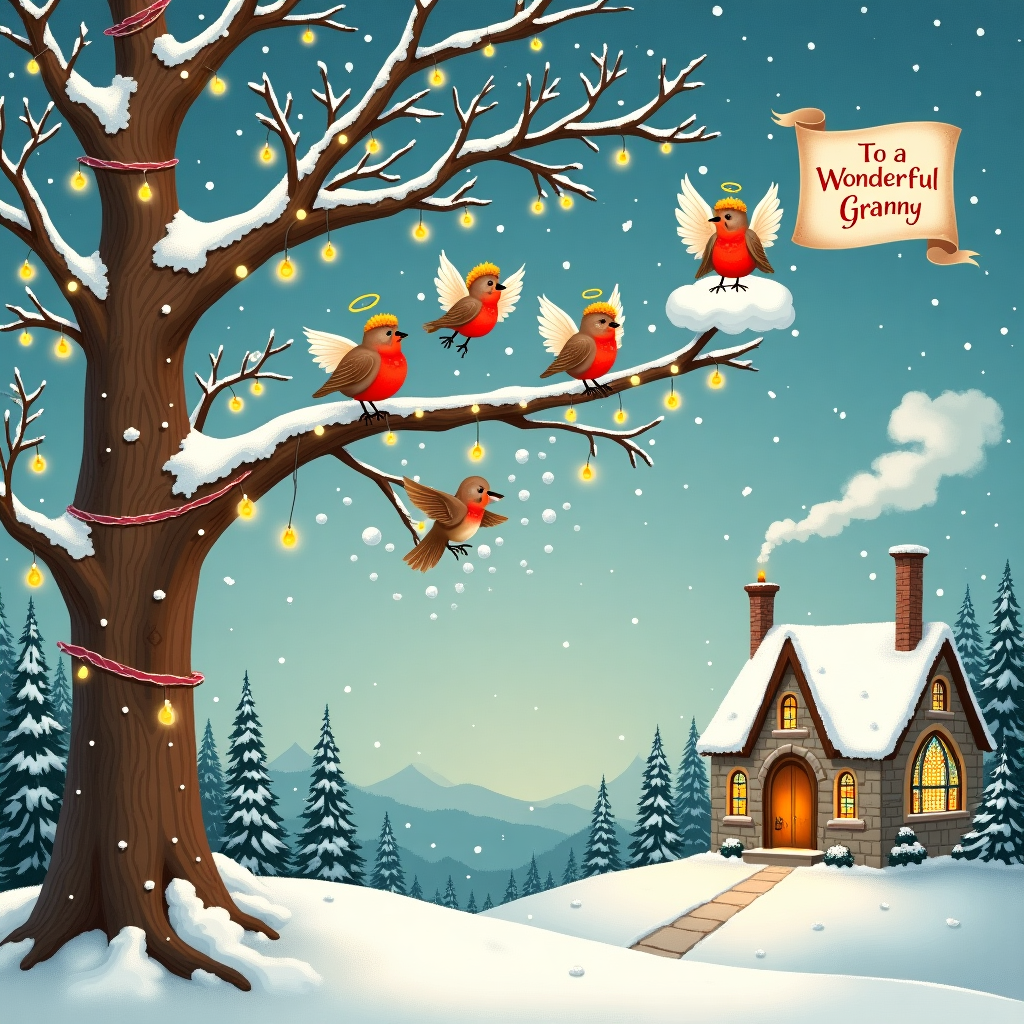 Robins, Snow, angels Christmas Card