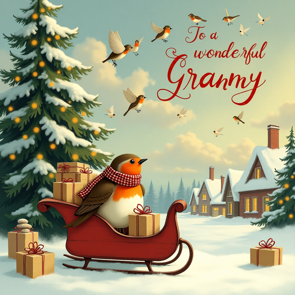 In the center of the scene, a plump robin wearing a tiny, vintage-style woolen scarf, reminiscent of Edward Gorey's whimsical details, perches atop a classic wooden sleigh laden with gifts wrapped in paper adorned with Beatrix Potter-like delicate floral patterns. Around the sleigh, freshly fallen snow blankets the ground, with a soft sparkle akin to Maxfield Parrish's luminous touches. To the left, a group of tiny, cherubic angels, with delicate wings sketched in the intricate linework of Aubrey Beardsley, dance joyfully in the air, their cheeks rosy from the winter chill. Behind them, a grand evergreen tree stretches upwards, its branches heavy with snow and decorated with twinkling fairy lights that mimic the storytelling charm of Quentin Blake's light-hearted illustrations. In the sky, amidst fluffy clouds tinged with a soft golden hue reflecting the style of Norman Rockwell, the words "To a wonderful Granny" are spelled out with soaring robins, each one carrying a letter in its beak, creating an elegant script across the heavens. In the background, a quaint village scene inspired by Maurice Sendak's cozy atmospheres can be glimpsed, with snow-covered rooftops and softly glowing windows suggesting warmth within.
Generated with these themes: Robins, Snow, angels .
Made with ❤️ by AI.