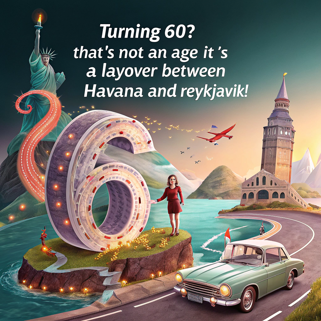At the top of the image, "Turning 60? That’s not an age—it’s a layover between Havana and Reykjavík!"

- The illustration features a dreamlike, surreal collage of iconic elements from Corfu, Iceland, Istanbul, Bologna, Cuba, and Barcelona, swirling around a gigantic number “60” shaped like a birthday cake, with candles blazing like Northern Lights.
- A vintage convertible car drives up a ribbon-like road made of flamenco dancers’ skirts that winds through surreal floating islands — one shaped like a domed Istanbul mosque, another a coral reef café from Cuba, a snowy Icelandic geyser that erupts espresso foam from Bologna, and Barcelona's Sagrada Família sprouting birthday balloons.
- Tiny, dancing tourists (all wearing birthday hats) ride on Greek olive branches that curve through the air like rollercoasters.
- In the background, a warm pink-orange birthday sunset fades behind abstract clocks shaped like paella pans slowly melting, Dali-style, over cobbled alleys paved with cake slices.

At the bottom of the image, "Cheers to six decades of worldwide wonder—and you’re just getting started!"
Generated with these themes: Corfu, 60 birthday, Iceland, Istanbul, Bologna, Cuba, Barcelona, and .
Made with ❤️ by AI.