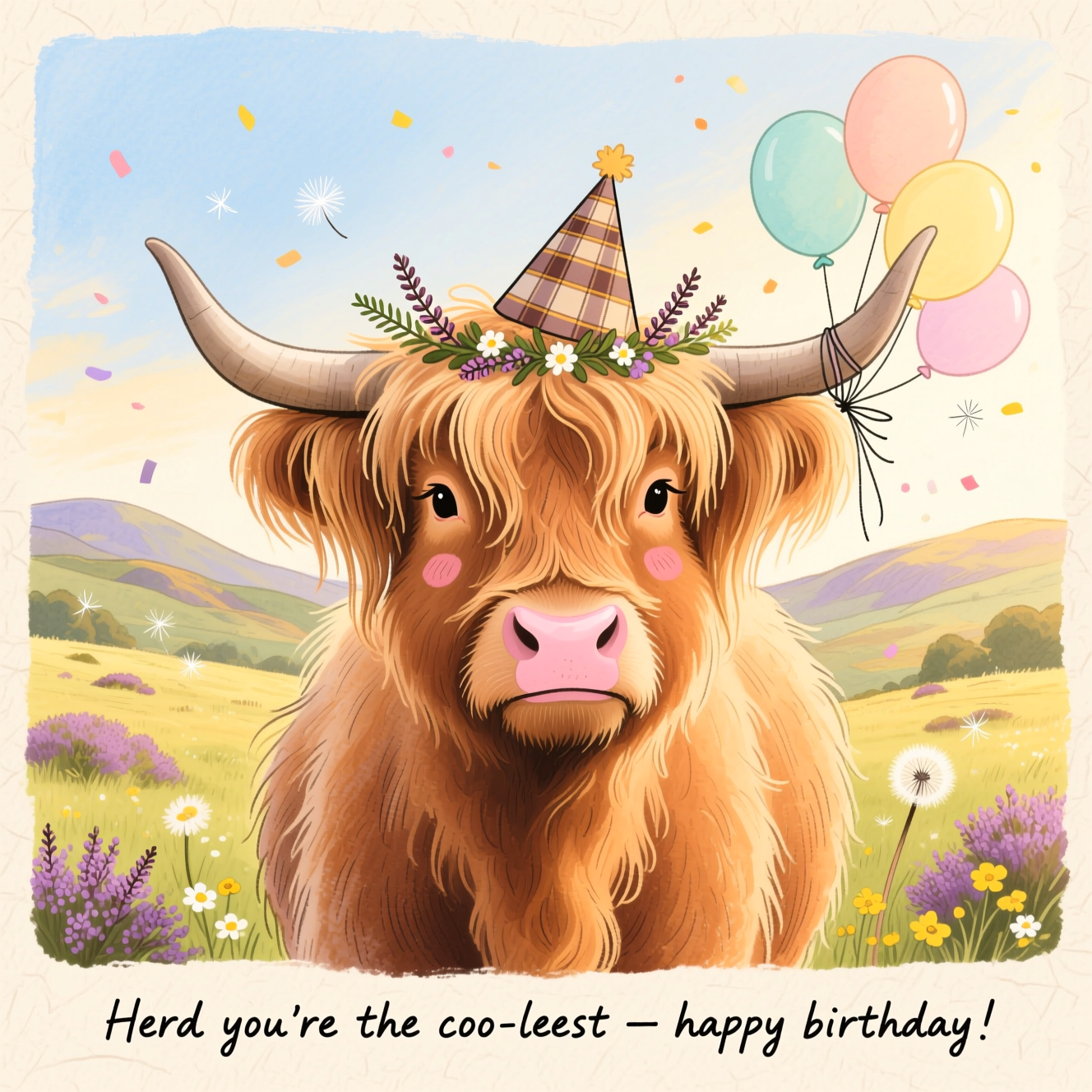Hand-drawn illustration, fine linework and textured brush strokes, balanced composition, warm expressive color palette. Scene: a fluffy Highland Cow front and center, chest-up, shaggy ginger coat with a long swoopy fringe, gentle eyes peeking through, soft pink nose and tiny rosy cheeks. The cow wears a little tartan party hat and a garland of heather and wildflowers; a few pastel balloons are loosely tied to one horn. Background: dreamy Scottish Highlands meadow with heather, buttercups, and rolling hills fading into a soft, painterly sky; golden-hour light, floating confetti and dandelion fluff for motion. Leave generous open sky in the top third for breathing space so the cow dominates the frame. Include a small, hand-lettered caption at the bottom: “Herd you’re the coo-lest — happy birthday!” in playful brush-pen lettering that matches the ink linework, subtle and unobtrusive. Style notes: delicate ink outlines, painterly gouache/watercolor washes on textured paper grain, soft pencil shading and crosshatching for fur, cozy cute mood. Warm palette of honey, caramel, chestnut, heather purple, sage green, sky blue, butter yellow, and cream. Soft vignette, no harsh shadows, no extra text or logos. Portrait orientation, large central subject.
Generated with these themes: Highland Cow, , and .
Made with ❤️ by AI.
