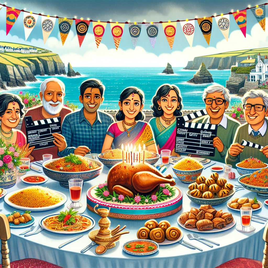 A delightful birthday celebration is taking place, illustrated in a cartoon style. A family of diverse Indian descent, both men and women, are gathered around a richly decorated table. The table is adorned with decorations inspired by generic film reels and movie clapperboards, illustrating the meeting point of cinema and Indian culture. Aromatic Indian cuisine like biryani and samosas are elegantly displayed among the embellishments. The background showcases the scenic Cornish coastline with its hallmark cliffs and maritime landscapes, contributing a tranquil allure to the occasion. The birthday centerpiece is a fanciful cake crafted to resemble a roast leg of lamb, completed with playful garnishing, underlining the honoree's preferred dish.
Generated with these themes: Movies , Indian food , Cornwall , and Roast lamb .
Made with ❤️ by AI.