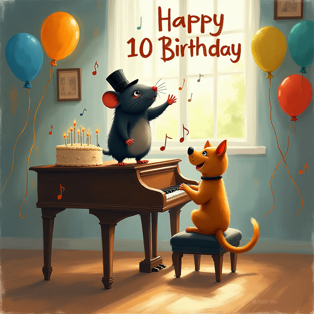 Piano, Black hamster, Brown dog, and Birthday Card