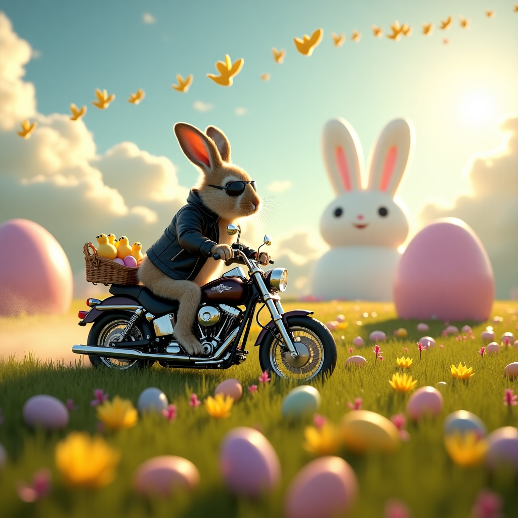 **Prompt:**

At the top of the realistic photograph image, *“Hoppy Easter, I.B.M.C. – Let’s Ride Into Egg-streme Awesomeness!”*

Create a surreal, hyper-realistic photograph set in a sun-drenched spring meadow filled with wildflowers and pastel-colored Easter eggs scattered like treasures. In the center of the scene, a cool, rebellious bunny wearing a snug black leather jacket and aviator sunglasses rides a shiny chrome mini Harley-Davidson-style motorcycle. The bike’s saddlebag is stuffed with colorful Easter eggs peeking out. The bunny's long ears trail in the breeze as it zooms past, kicking up petals and glittery egg dust. In the background, oversized eggs stand upright like surreal monuments, some cracked open to reveal candy and tiny toy chicks dancing inside. A hazy golden-hour light glows behind fluffy clouds shaped like gears and motorcycle parts, giving the entire landscape an oddly mechanical, dreamy twist. A flock of marshmallow peeps flies overhead in perfect formation, casting tiny shadows across the vibrant grass. The mood is playful, dreamlike, and totally egg-ceptional.
Generated with these themes: Bunny riding , Mini Motorcycle , Meadow , Leather jacket, Easter eggs, and Harley Davidson.
Made with ❤️ by AI.