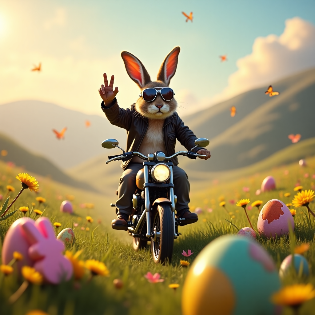 At the top of the realistic photograph image: *Hop on, I.B.M.C.—this ain’t your grandma’s Easter!*

A hyper-realistic surreal photograph set in a sun-drenched wildflower meadow. In the center of the image, a rugged, leather-jacket-wearing Easter Bunny zooms across the scene on a miniature Harley-Davidson motorcycle. The Bunny’s aviator goggles reflect rainbow-tinted clouds and hidden Easter eggs hanging from invisible threads mid-air. Scattered around the grassy terrain are glowing, oversized Easter eggs nestled among dandelions, some of them cracked open to reveal tiny wheels or chrome engine parts inside. The background shows soft, dreamlike hills melting into a sky painted in sherbet hues of pink, peach, and lavender. Butterflies wear miniature helmets as they trail the Bunny’s tire track. The Bunny throws a peace sign with one paw, clutching a marshmallow Peep like a trophy in the other. The whole scene feels whimsically rebellious — a wild, egg-fueled road trip in a world where Easter breaks all the rules.
Generated with these themes: Bunny riding , Mini Motorcycle , Meadow , Leather jacket, Easter eggs, and Harley Davidson.
Made with ❤️ by AI.