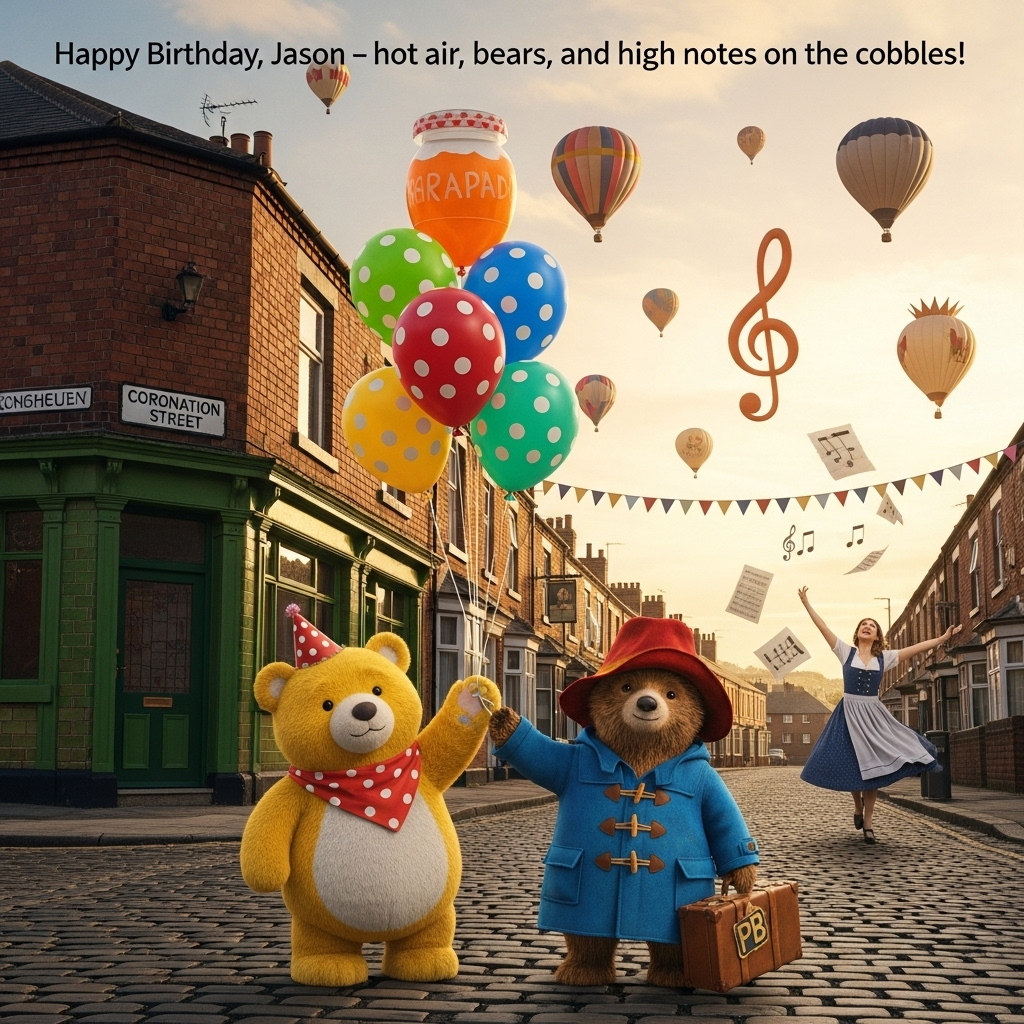 At the top of the Photorealistic picture taken from a camera image, "Happy Birthday, Jason — hot air, bears, and high notes on the cobbles!"

Ultra-high-definition 4K UHD, true-to-life, camera-captured look: a bright golden-hour scene on a classic cobbled Northern English terraced street strongly reminiscent of Coronation Street, with warm sunlight raking across red-brick houses and a green-tiled pub frontage; an enamel street sign reading “Coronation Street” mounted on the corner brick wall. Overhead, a sky full of vibrant hot air balloons drifts low between chimneys—one polka-dotted like Pudsey’s bandana, one shaped like a marmalade jar, one a giant treble clef, and another with a little crown—casting playful shadows on the street. In the foreground, life-size photoreal characters: Pudsey Bear (soft yellow plush fur, signature polka-dot bandana and a tiny party hat) and Paddington Bear (rich, realistic fur, blue duffle coat, red hat slightly askew, small battered suitcase with “PB” tag, a marmalade sandwich in paw). They’re looking up in delight as a cheeky bunch of balloons tugs at their paws, confetti and bunting fluttering above them. Midground gag: Paddington’s hat is being ruffled by a gust from a low balloon burner; Pudsey holds the string of a polka-dot balloon that’s trying to float off. To the side, a playful nod to The Sound of Music: a joyful woman in a classic dirndl dress twirls with arms outstretched on a tiny grassy verge at the end of the street, caught mid-spin as sheet-music pages with do-re-mi notes flutter by. Lifelike textures everywhere—weathered bricks, shiny cobbles, fabric weave on coats, crisp paper edges, soft plush fur, taut balloon skins. Shot on a full-frame camera with a 35mm lens at f/4, 1/500s, ISO 100; rich depth of field keeps the bears and street sharp while the distant balloons fall into gentle bokeh; natural HDR balance, warm color grade, subtle lens flare and soft vignetting. Minimal, tasteful birthday text sits small and legible in the sky area at the top; no extra captions elsewhere.
Generated with these themes: Hot air balloons, Coronation Street, Pudsey Bear, Paddington Bear, Sound of Music, and .
Made with ❤️ by AI.