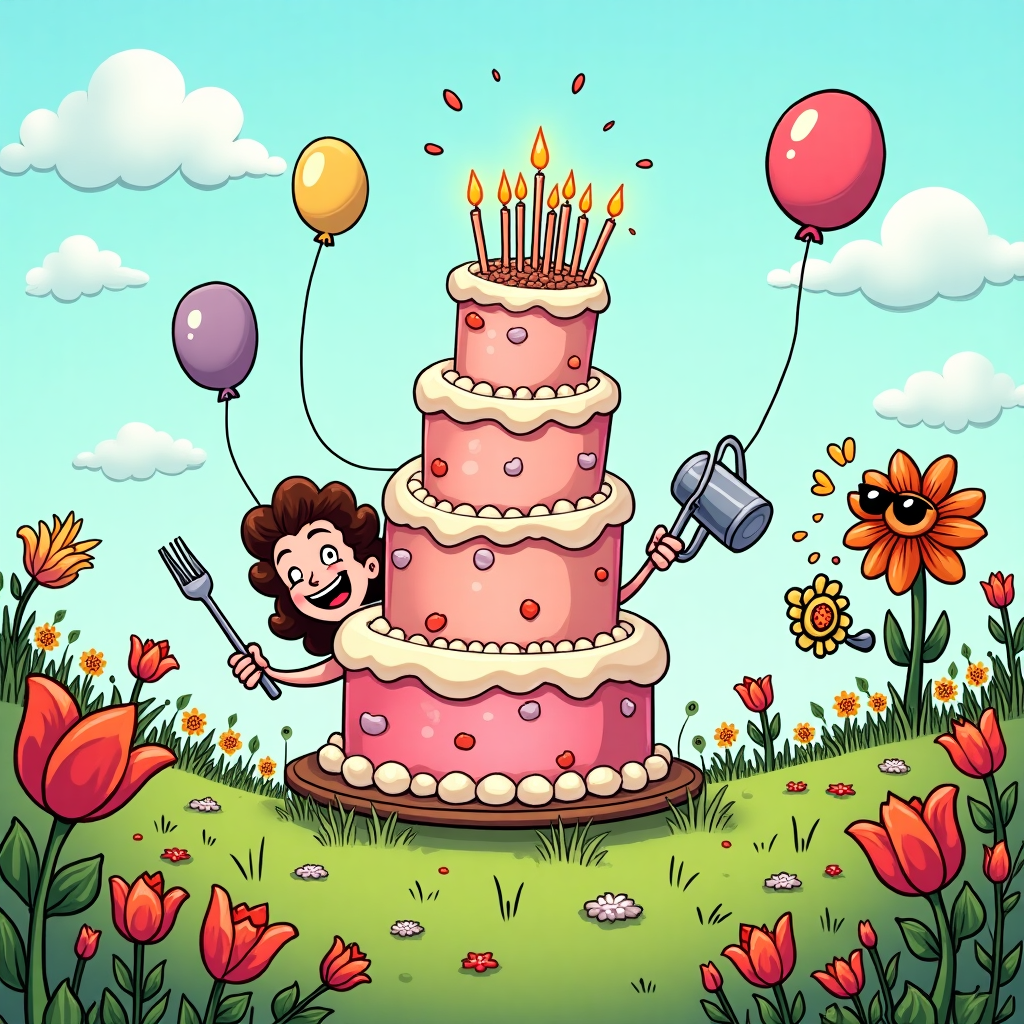 **Image Prompt:**  

At the top of the cartoon image: *“Happy Cake-Day, Sarah! You're blooming fabulous!”*

Create a vibrant, funny cartoon scene:  
A towering, ridiculously oversized birthday cake sits wobbling on a tiny table in the middle of a wild flower field. The cake has too many candles—so many that a nearby flower is wearing sunglasses and sweating. Sarah (drawn as a cheerful cartoon character) is peeking from behind the cake, holding a comically large fork in one hand and a watering can in the other, trying to "water" the flowers… but accidentally watering the cake, causing icing to slide off like a landslide. Around her, goofy animated flowers giggle and roll their petals in amusement, while one sings "Happy Birthday" into a tulip microphone. Add floating balloons shaped like cake slices and roses. Keep the color palette bright, cheerful, and silly.
Generated with these themes: Happy Birthday Sarah , Cake, Flowers , and .
Made with ❤️ by AI.