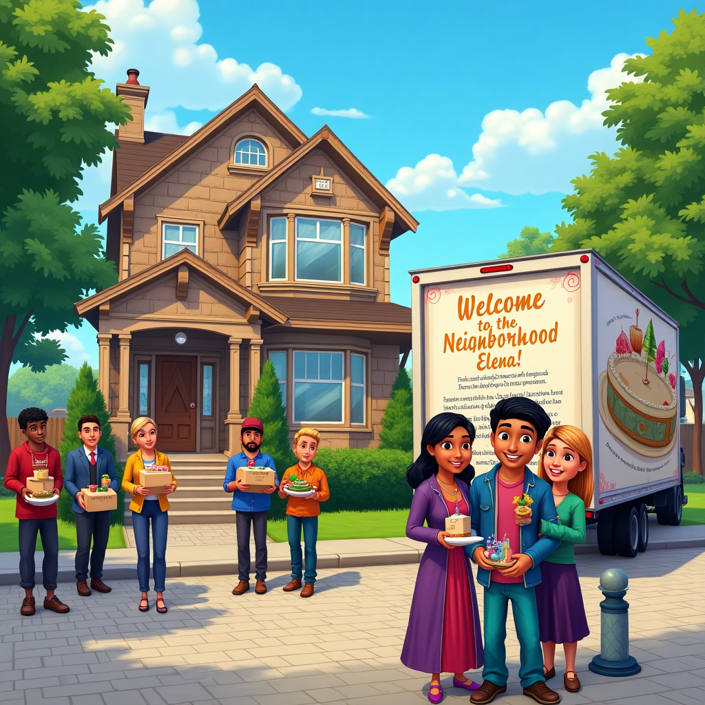 **Scene Description for "Welcome to the Sims 4 Neighborhood" Congratulations Card:**

**Foreground:**
- **Illustration of a Sim Family:** In the foreground, a lively hand-drawn Sim family stands outside their newly pixelated Sims 4 house. The family members, with exaggerated, cartoonish features, wear vibrant clothing in hues of plum, teal, and mustard. The father holds a digital blueprint of the house, its edges pixelated to show it's still loading.

- **Welcome Wagon:** To the right, a group of enthusiastic Sims forms a "Welcome Wagon." They hold a banner that stretches across the scene, reading "Welcome to the Neighborhood, Elena!" The banner is animated in a style reminiscent of Aubrey Beardsley's intricate line work, with decorative swirls and flourishes.

**Middle Ground:**
- **Moving Truck:** A detailed hand-drawn moving truck parked on a cobblestone street. Its side panel features an image of an oversized cake with the text "Elena's Housewarming" in Quentin Blake's lively lettering style. Boxes spill out from the truck, each labeled with quirky items like "Llama Lamp" and "Gnome Collection."

- **Neighbors Holding Plates:** On the left, a group of Sims neighbors approaches, each holding a plate of pixelated food items—cookies, fruitcake, and a peculiar gelatin dessert. Their clothes reflect Maxfield Parrish's love for rich, contrasting colors.

**Background:**
- **Sims 4 House:** Behind the family, the new home features exaggerated architectural details in a blend of Victorian and modern styles, reminiscent of Norman Rockwell's cozy scenes but with a digital twist. The house's windows are animated with flickering pixelated curtains.

- **Sky and Trees:** The sky is a vivid digital blue, dotted with fluffy, stylized clouds similar to those in Beatrix Potter's works. Tall, gracefully drawn trees with delicate, swirling branches surround the house, evoking Arthur Rackham's love for intricate natural details.

- **Miscellaneous Details:** Scattered throughout are tiny nods to Sims culture—plumbob icons floating above the characters' heads and a tiny, hand-drawn llama peeking from behind a bush, inspired by Edward Gorey's quirky and unexpected elements.

The combination of detailed, hand-drawn elements and pixelated, digital-inspired aspects creates a unique, playful, and richly illustrated scene, perfectly capturing the whimsical spirit of moving into a new Sims 4 neighborhood.
Generated with these themes: Sims 4, Welcome wagon, and Move in.
Made with ❤️ by AI.