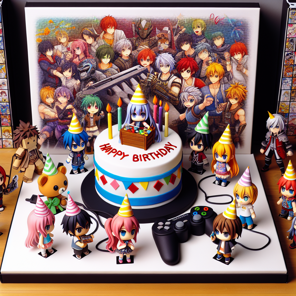 A lively birthday artwork featuring a group of generic anime-style characters celebrating around a gaming console placed in the center. Manga-inspired patterns form a part of the background, while a variety of merry animals donning party hats gather in the scene. A uniquely designed birthday cake, modeled after a game controller, conveniently sits on a table, with a collection of miniature generic action figures arranged as if engrossed in an ongoing game.
Generated with these themes: Jujutsu Kaisen, gaming, anime, animals, .
Made with ❤️ by AI.