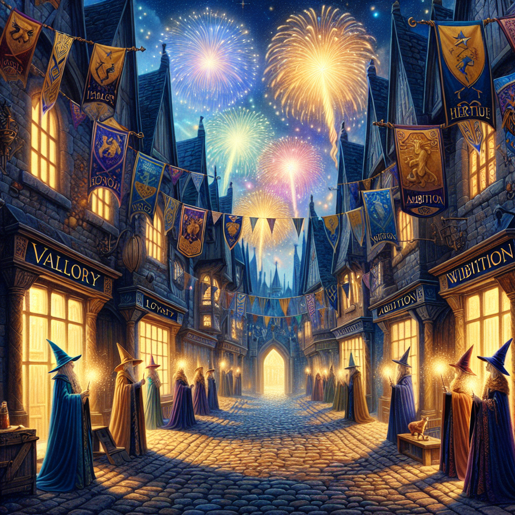 Diagon alley, Celebrations, Party, Fireworks, Griffindor, Butter beer, Hufflepuff, Slitherin, and Ravenclaw Birthday Card