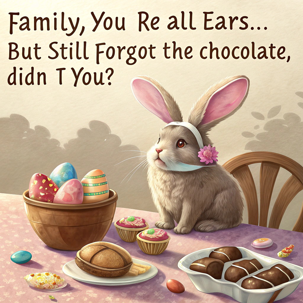 At the top of the image, "Family, you’re all ears… but still forgot the chocolate, didn’t you?"

- Depict a hyper-realistic photograph of a grumpy-looking real rabbit sitting at a cluttered Easter breakfast table, surrounded by scattered chocolate wrappers, half-eaten hot cross buns, and painted eggs.  
- The rabbit is wearing oversized fluffy pink bunny ears on top of its actual ears and staring directly at the camera like it’s judging you.  
- Behind the bunny, the scene includes chaos: a spilled orange juice, a child’s hand sneaking an egg, and a slightly frazzled adult peeking in from the kitchen.  
- Natural lighting gives it the look of a candid family Easter morning gone delightfully wrong.  
- Subtle comedic details like a "Hop to It!" tea towel or a crayon drawing on the fridge featuring a poorly-drawn bunny add extra charm.
Generated with these themes: bunny ears.
Made with ❤️ by AI.