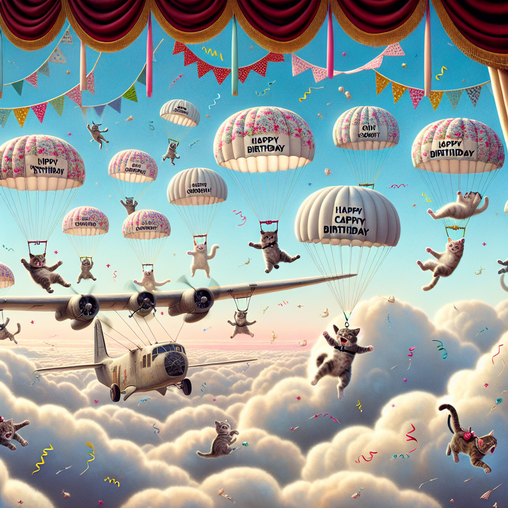 In this endearingly daring birthday scene, witness a troupe of courageous cats taking a leap of faith from an airplane. They soar through the backdrop of soft, cotton-like clouds, their parachutes blooming like flowers in the limitless expanse of the sky. Each parachute bears a unique pattern that harmonizes with the hues of the sky. The scene includes humorously shocked cats, their surprise represented by speech bubbles filled with quirky, sanitized swearing symbols to achieve that lighthearted charm. This high-spirited skydiving spectacle is framed beneath a festive cascade of lively streamers and confetti, enhancing the celebratory atmosphere.
Generated with these themes: Cats, Sky diving , and Swearing.
Made with ❤️ by AI.