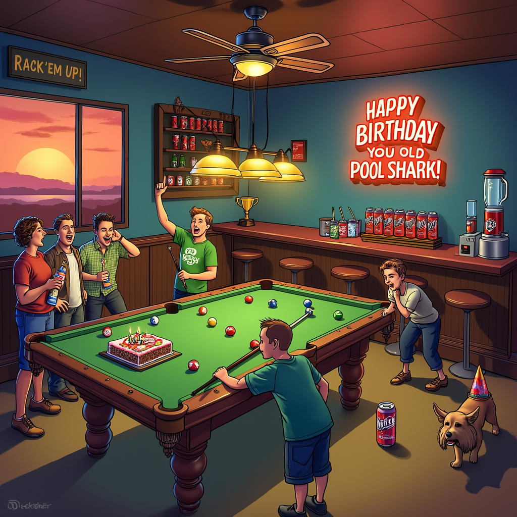 Sure, here's a quirky and detailed scene for a birthday greeting card:

In the center of the card, picture a lively billiards room, full of rich, dark wood paneling and a green felt pool table. The table is adorned with vibrant, perfectly arranged pool balls, but instead of the usual numbers, each ball features a humorous twist—a small bottle cap or beer label from Twisted Tea. At one end of the table, a birthday cake in the shape of an 8-ball sits proudly, with candles shaped like pool cues sticking out of it, their flames flickering joyfully.

On the left side of the table, a group of friends is laughing and cheering, each holding a Twisted Tea can in one hand and a pool cue in the other. One friend is mid-shot, aiming for the cue ball with a mischievous grin. On the right side of the table, a large neon sign on the wall reads, "Happy Birthday, You Old Pool Shark!" in bright, retro lettering. Below the sign, a shelf holds a collection of trophies, but upon closer inspection, the trophies are actually comically oversized Twisted Tea cans mounted on wooden bases.

In the background, a large window shows a beautiful sunset, casting an orange-pink hue across the room. On a nearby bar counter, there are various snacks, including pretzels and chips, and a blender whirring with a fresh batch of Twisted Tea slushies. A dartboard in the corner has been cheekily repurposed with Twisted Tea bottle caps as darts, sticking out at odd angles.

On the floor, there's a small, scruffy dog wearing a tiny birthday hat, playfully chasing an errant pool ball that has rolled off the table. Above the scene, the ceiling fan spins lazily, and a small banner strung between the fan blades reads, "Rack 'em Up for Another Year!"

This scene should evoke a sense of fun, celebration, and a quirky twist on traditional birthday elements, perfectly combining billiards and Twisted Tea beer into one memorable birthday bash.
Generated with these themes: Billiards pool, and Twisted tea beer.
Made with ❤️ by AI.
