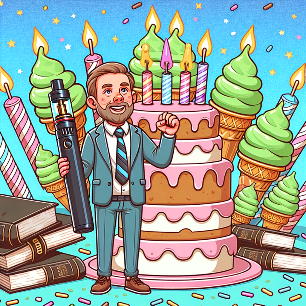 A festive cartoon birthday scene featuring an average-looking Caucasian man standing triumphantly at the center, holding an electronic vaping pen. Surrounding him are whimsical stacks of law books, implying a legal theme. The backdrop is playfully sprinkled with joyful pistachio ice cream cones. A giant coffee cake sits in place of a traditional birthday cake, bedecked with vibrant candles.
Generated with these themes: Vaping, Michael scott, Pistachio ice cream, Law, and Coffee cake.
Made with ❤️ by AI.