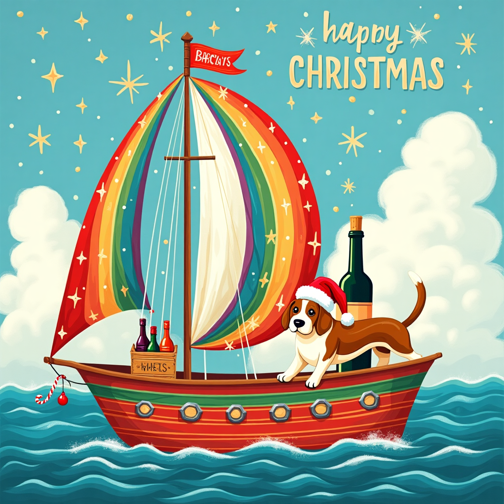 In this whimsical Christmas greeting card illustration, the viewer is taken on a delightful journey aboard a festively adorned sailing boat. This charming vessel is a blend of classic elegance and holiday cheer, with a hull painted in vibrant red and green stripes and its sails embellished with a merry pattern of snowflakes and candy canes. At the prow of the boat, a jolly Beagle, wearing a Santa hat slightly askew, stands proudly as the captain of this merry expedition. The Beagle, with its ears flapping joyfully in the breeze, has one paw confidently placed on a large, cork-topped wine bottle that is cleverly secured as the ship's figurehead. 

The backdrop of this seafaring scene is a magnificent rainbow flag, soaring high above the main mast, adding a splash of color and pride to the sky. The flag waves exuberantly in the wind, its vibrant hues contrasting beautifully against the soft, azure ocean. The sea is depicted with gentle waves, reflecting the colors of the flag and creating a dazzling spectacle of shimmering rainbow hues.

In the background, the sky is filled with fluffy, cumulus clouds that form an imaginative landscape. If one looks closely, they will see the names "Barclay & Dave" playfully spelled out in the clouds, as though written by an invisible hand, with twinkling stars dotted around to add a magical touch. Tiny Christmas ornaments dangle from the mast and the sides of the boat, catching the sunlight and glinting like precious jewels.

To complete this enchanting scene, an elegantly painted wooden crate sits on deck, labeled with the words "Holiday Cheers!" and brimming with a selection of wines. The whimsical and detailed nature of this illustration is sure to bring a smile to the recipients' faces, capturing the spirit of celebration and joy with its imaginative storytelling and vibrant artistry.
Generated with these themes: Sailing boat , Beagle , Wine, and Rainbow flag.
Made with ❤️ by AI.