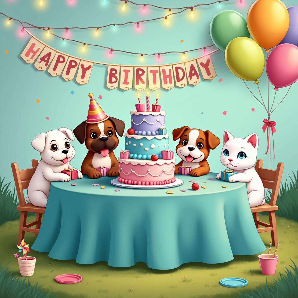 1 All White Boxer dog, 1 Brown Boxer dog, 1 brown and white English bulldog, and All White cat Birthday Card