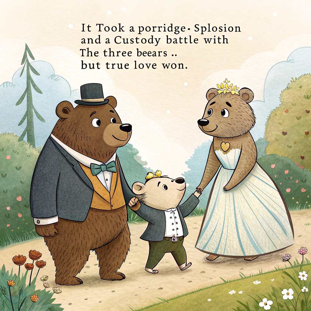 At the top of the image, "It took a porridge-splosion and a custody battle with the Three Bears… but true love won."

- In the illustration:  
  - A pencil line drawing of four characters—Daddy Bear (wearing a groom’s tux), Goldilocks (in a wedding dress), Boy Bear, and Girl Bear—all standing hand in hand.  
  - The boy bear is holding Daddy Bear’s paw, and the girl bear is holding Goldilocks’ hand.  
  - A small, scruffy brown dog with big pointy ears is sitting calmly beside the boy bear.  
  - They are all seen from behind, facing a magical forest, with a subtle archway of trees in front of them.  
  - Above them, in whimsical handwritten-style text: “Save the Date”.  

- Mood: Funny, tender, slightly cheeky.  
- Style: Delicate pencil line work with charming details like leaves in Goldilocks’ curls or the boy bear tugging slightly on Daddy Bear’s sleeve.
Generated with these themes: 3 bears and goldilocks. 1 bear is a boy bear, holding daddy bears hand. Daddy bear is dressed as a groom. Daddy bear is holding golilocks hand. Goldilocks is dressed as a bride. Goldilocks is standing next to a girl bear, the girl bear is holding goldlocks hand. They are all facing away from the camera, looking into a forest. There is asmall brown dog beside the boy bear with pointy ears that stock up facing the same direction and sitting down. It says ''Save the date'' above them. This is a pencil line drawing.
Made with ❤️ by AI.