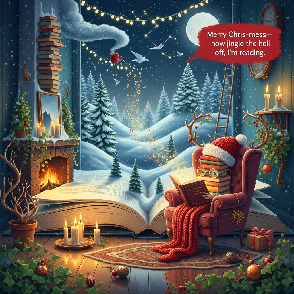 Cosy christmas, Reading books, Bieng festive, Winter wonderland, Plants and trees, and Christmas Card