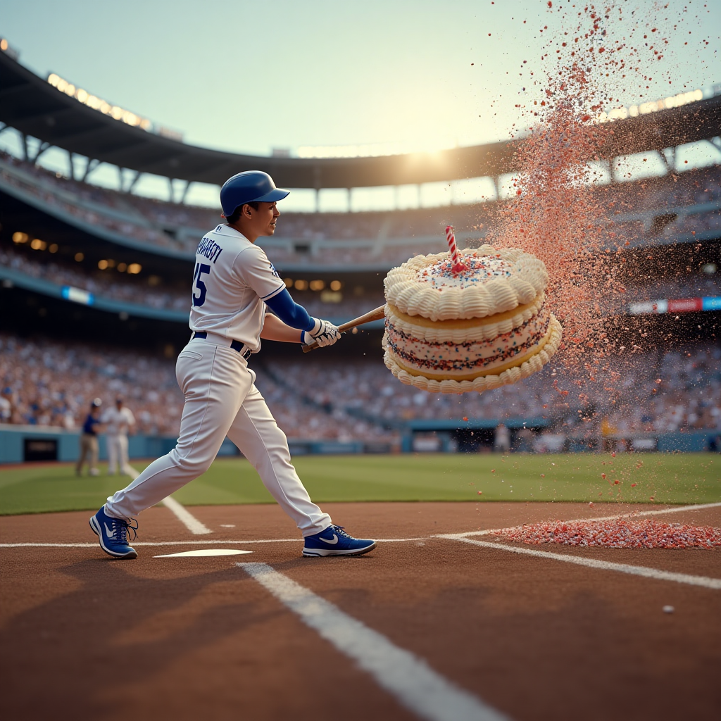 At the top of the Photorealistic picture taken from a camera image, add the text "Robert, You're a Home Run!"

---

**Scene Description:**

The image captures a hilarious, action-packed moment at Dodger Stadium. The backdrop features the iconic Los Angeles Dodgers' stadium filled with cheering fans. In the foreground, Shohei Ohtani, wearing his signature Dodgers jersey, swings the bat dramatically. However, in this funny twist, instead of a baseball, he's hitting a gigantic, oversized birthday cake that’s flying through the air, splattering frosting and sprinkles everywhere.

The ultra-high-definition photograph brings this surreal scene to life, with the sun setting behind the stadium casting a golden hue over the crowd. The textures are so lifelike you can almost taste the icing, and the dynamic depth of field gives a sense of motion and excitement.

Beneath the image, in a cheeky font, the caption reads: "Hope your birthday is a Grand Slam!"
Generated with these themes: Los Angeles Dodgers , Shohei Ohtani, Home Run, and .
Made with ❤️ by AI.