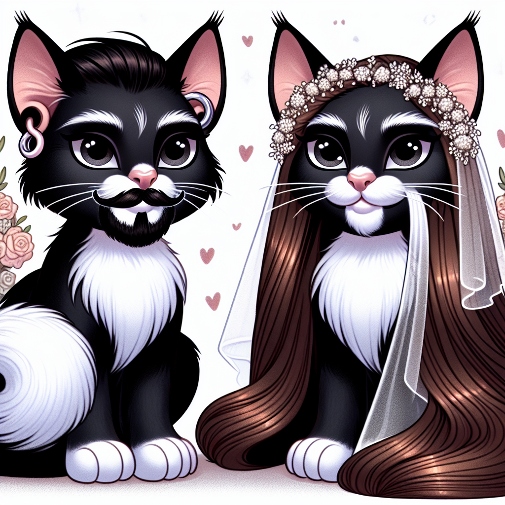 Draw a delightful cartoon wedding scene where two enchanting black cats with unique white noses are getting married. The male cat exhibits an uncommon charm with a flesh tunnel earring and a meticulously maintained short black beard. Accompanying him is the female cat who radiates elegance, adorned with a long flowing wig that mimics the richness of brown hair, sweeping down her back, bringing an air of elegance to the magical ceremony.
Generated with these themes: Two black cats with white noses getting married, Male cat flesh tunnel earing and black short beard, and Female cat long brown hair wig.
Made with ❤️ by AI.