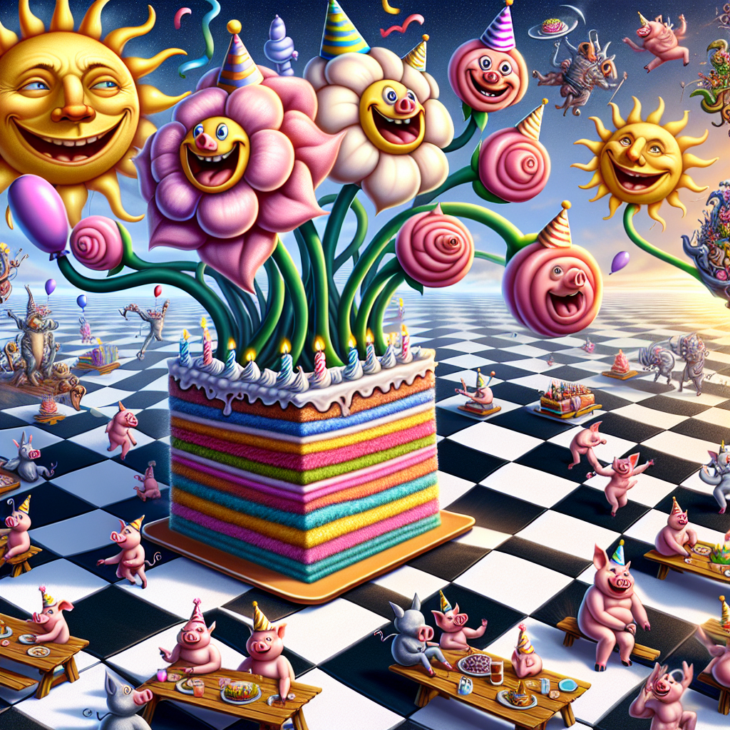 A festive gathering is happening on an infinite checkerboard field. Oversized, animated flowers showing a grinning expression tower over a picnic area where a group of cartoon pigs and other anthropomorphic friends, drawn in exaggerated, stretched forms, are enjoying a physically impossible cake that has layers rotating in opposite directions. Above them, a smiling sun beams down its light. In the sky, a parade of fantastical creatures wearing party hats march, led by a flying cartoon pig holding balloons that are transforming into whimsical shapes.
Generated with these themes: Peepa pig.
Made with ❤️ by AI.
