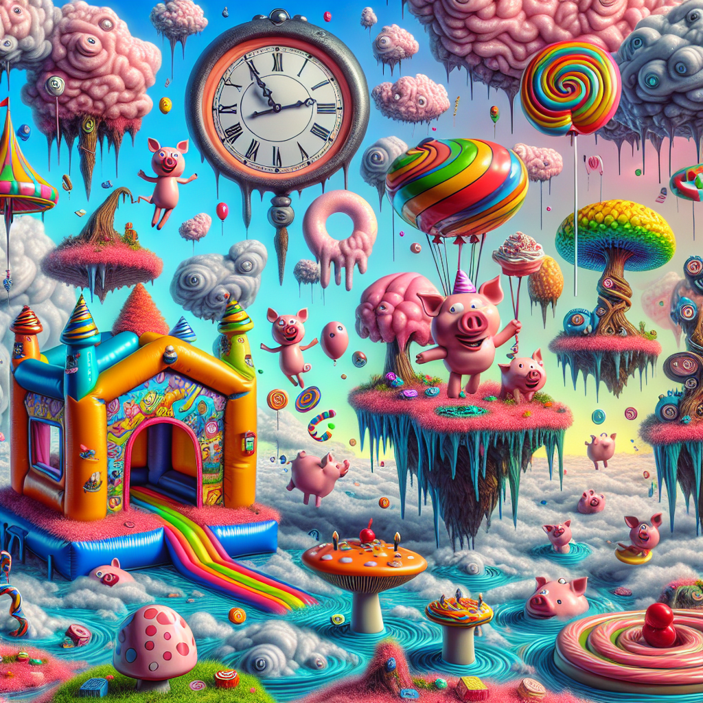 Imagine a dreamscape filled with melting clocks and floating islands. There's a birthday banner fluttering above a lively, colorful bounce house bearing a design inspired by a popular children's cartoon show featuring pig characters. Scattered throughout the landscape are giant, whimsical mushrooms and gravity-defying balloon animals. Disproportionate, candy-colored trees hold swinging treats like cupcakes and candy canes. The vibrantly tinted sky has clouds that, intriguingly, take the form of animated characters, quite similar to pig cartoon figures, joyously participating in the outlandishly surreal celebration.
Generated with these themes: Peepa pig.
Made with ❤️ by AI.