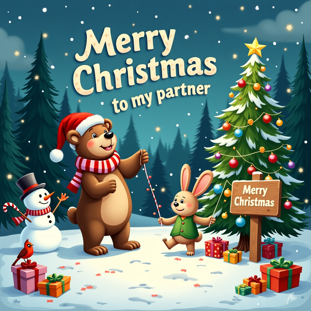 Imagine a whimsical winter wonderland, where a cozy, snow-covered clearing in a forest is bustling with Christmas cheer. In the foreground, a large, friendly bear dressed in a festive, oversized Santa hat and a red-and-white striped scarf stands on its hind legs, joyfully decorating a Christmas tree. The tree, a lush green pine, is adorned with colorful ornaments and twinkling lights. Next to the bear, a sprightly bunny in a tiny green elf hat and matching vest energetically strings popcorn garlands between branches, its fluffy tail twitching with excitement.

In the background, a cluster of evergreen trees dusted with snow frames the scene. Gently falling snowflakes add a touch of magic, each one captured in varying shapes and sizes. Above, the sky is a deep twilight blue, and fluffy clouds create a natural canvas for the festive message. The words "Merry Christmas to my partner x" are playfully inscribed in the clouds, each letter formed by twinkling stars, giving the message a sparkling effect.

To the left, a whimsical snowman with a carrot nose, coal eyes, and a tilted top hat stands guard. A cheerful cardinal bird perches on one of its stick arms, adding a splash of color. Scattered around are wrapped gifts in vibrant paper and ribbons, some half-buried in the snow, hinting at the fun to come.

A trail of tiny, paw-shaped footprints crisscrosses the snowy ground, indicating the playful antics of the bear and bunny as they prepared this joyous scene. In the bottom right corner, a wooden signpost, fashioned in a rustic, hand-painted style, proclaims, “Merry Christmas to my partner x,” integrating the message seamlessly into this enchanting, animated Christmas card front cover.
Generated with these themes: A bear and bunny on Christmas.
Made with ❤️ by AI.