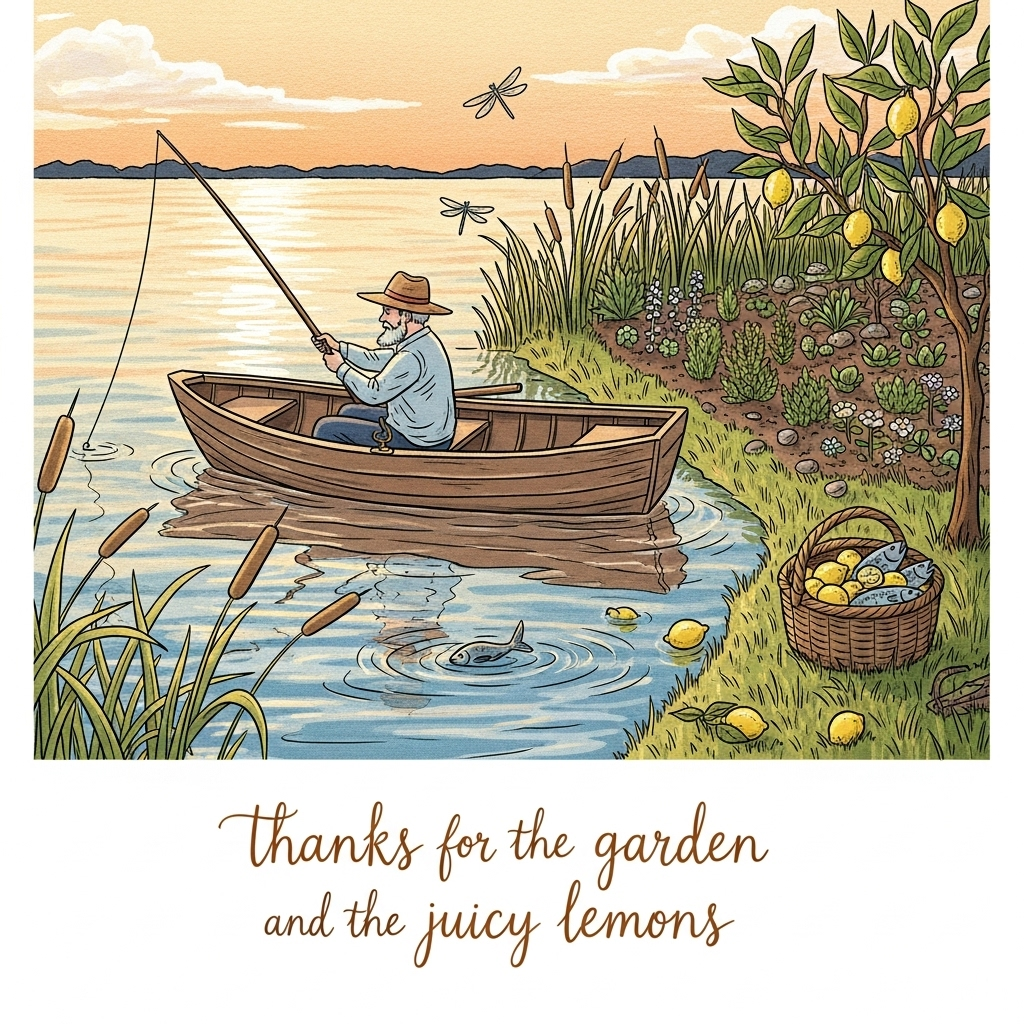 At the bottom of the Illustration Style image, write “thanks for the garden and the juicy lemons” in a warm, hand-lettered script that feels organic and personal.  

A hand-drawn, textured illustration of a tranquil lakeside scene at golden hour: a wooden rowboat gently bobbing on the ripples, an elderly fisherman in a straw hat casting a line, his basket on the shore brimming not only with fresh-caught fish but also unexpectedly full of bright, sun-gold lemons. Behind him, a lush little garden patch spills over with herbs, flowers, and a small lemon tree, its fruit glinting in the warm light. Dragonflies skim over the water, and the soft reflection of the sky shimmers in shades of peach, gold, and soft blue. Fine linework and expressive brush strokes bring gentle movement to the reeds and water, with a balanced, heartfelt composition that feels sincere, peaceful, and grateful.
Generated with these themes: Fishing, and .
Made with ❤️ by AI.