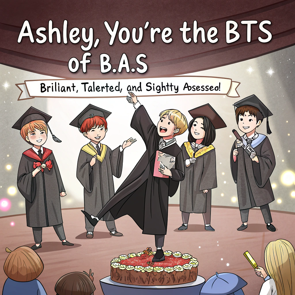 At the top of the image, "Ashley, you're the BTS of B.A.s – Brilliant, Talented, and Slightly Obsessed!"

– Illustration features a fun, cartoon-style drawing of all seven BTS members wearing graduation caps and gowns, striking their signature poses around Ashley (center stage), who is in full cap-and-gown, confidently holding a glittery diploma and making finger hearts.  
– Jungkook is attempting to eat a graduation cake with chopsticks, Jimin is doing a backflip in his gown, and RM is reading Ashley’s thesis upside down with a proud grin.  
– Confetti cannons explode behind them, spelling out "CONGRADULATIONS!" mid-air, and a small sign held by SUGA reads, “Ashley, call me when you're famous.”  
– The mood is festive, ridiculous, and unmistakably fangirl-core fabulous.
Generated with these themes: BTS, Congratulations on graduating , and Funny bts .
Made with ❤️ by AI.