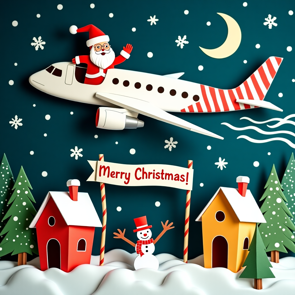 In a whimsical blend of styles inspired by the greats, the scene unfolds on a twinkling, star-drenched Christmas Eve. High above, Santa Claus, with his iconic rosy cheeks and fluffy white beard, pilots an Airbus jet rather than his usual sleigh. The plane, whimsically decorated with red and white candy cane stripes and sprigs of holly, boasts a cockpit window where Santa gives a jolly wave, his round glasses catching the moonlight. The jet trails behind it sparkling stardust instead of the typical contrails. Below, nestled amidst fluffy snowbanks, are charming origami houses crafted with care and creativity. Each house is a vibrant color — emerald greens, ruby reds, and winter whites — all folded into intricate designs, complete with paper chimneys puffing out delicate curls of origami smoke. In front of one particularly quaint house, a paper-crafted snowman with a tiny top hat and scarf stands as if waving up to Santa. The background is a patchwork quilt of snow-laden pine trees, their boughs heavy with snowflakes shaped like intricate lace. A cheerful banner strung between two of the paper houses reads, "Merry Christmas!" in bright, playful lettering, each letter a different color. In the sky, a crescent moon and several twinkling stars watch over the whimsical scene, adding a celestial touch to this merry and imaginative Christmas card cover.
Generated with these themes: Santa flying Airbus jet over christmas origami houses.
Made with ❤️ by AI.