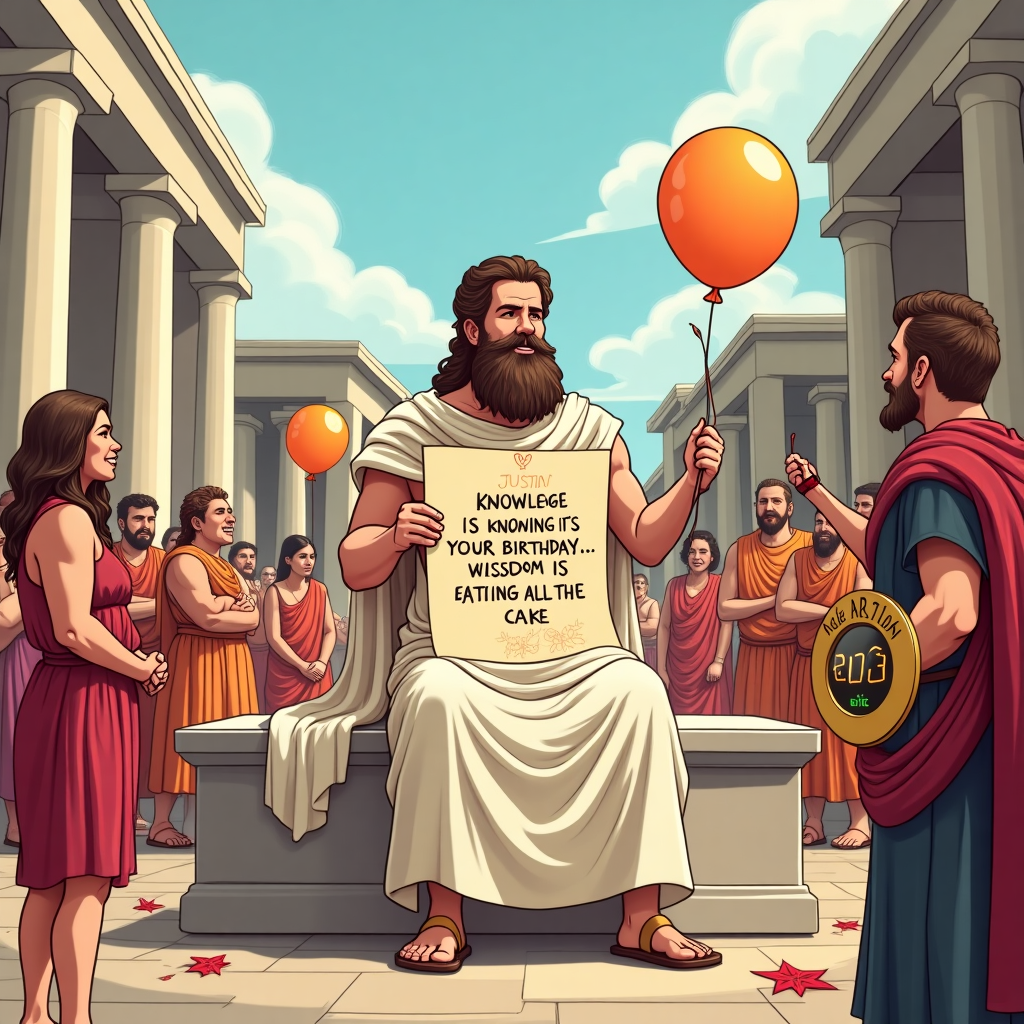 **Image Prompt:**

At the top of the vector image: *Happy Birthius Maximus, Justin!*  

Create a funny, colorful vector illustration set in ancient Rome, with Justin depicted as a toga-wearing philosopher seated on a marble bench in a bustling Roman forum. He's holding a giant birthday scroll with “Knowledge is knowing it's your birthday... Wisdom is eating all the cake” written on it in Latin-like scribbles. Around him, toga-clad scholars are debating cake flavors, and a Roman centurion is using a spear to pop a balloon. Add humorous details like scrolls with doodles of party hats, a laurel wreath made of birthday candles, and a Roman sundial replaced with a modern digital watch showing "Party O'Clock." Make sure it’s whimsical, light-hearted, and packed with visual gags tying together ancient wisdom and modern birthday fun.
Generated with these themes: a knowledge seeker in ancient Rome.
Made with ❤️ by AI.