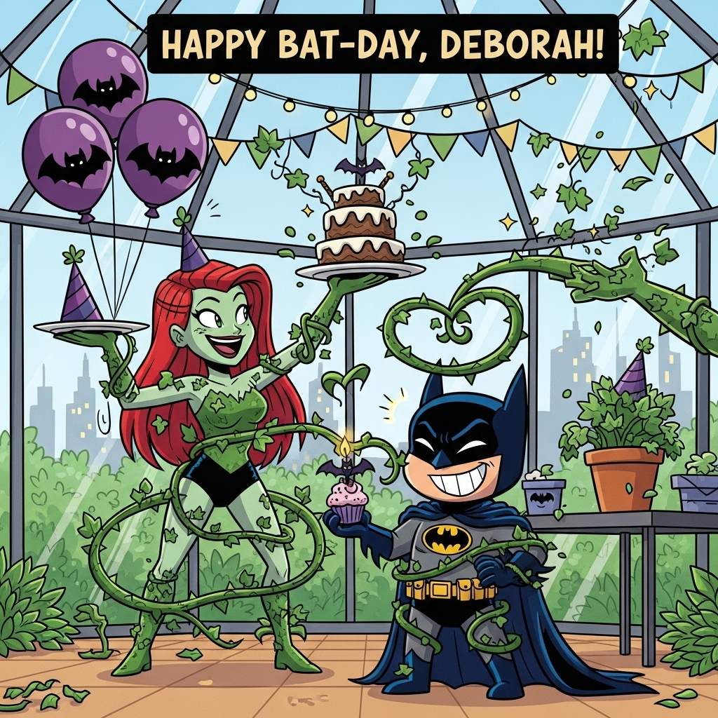 At the top of the Cartoon Style image, "Happy Bat-Day, Deborah!"

Playful, funny birthday scene in a bold, 2D cartoon style: Poison Ivy throws a vine-tastic party for Batman inside a lush, glittering greenhouse. Exaggerated proportions, thick black outlines, bright saturated colors, and whimsical, energetic poses. Center stage, a chibi Batman with oversized cowl and tiny legs stands smirking, gently tangled in friendly, thorn-free ivy vines like party streamers. He holds a cupcake with a bat-shaped candle while a mischievous vine keeps nudging it closer to his face. To his side, a grinning Poison Ivy with big expressive eyes and flowing, leafy hair presents a towering cake topped with a tiny batarang and sprouting little ivy curls; her vines act like extra hands, lifting plates and tossing confetti leaves. Bat-shaped balloons, leafy bunting, and sparkling fairy lights arc overhead. A potted plant wears a party hat; a vine loops into a heart around the duo. Background hints of Gotham skyline through greenhouse glass. Warm party glow, bold cel-shading, chunky highlights, dynamic motion swooshes, clean vector-like finish. Composition keeps characters large and lively with room at the top for the text. No other text.
Generated with these themes: Poison ivy and Batman , and .
Made with ❤️ by AI.